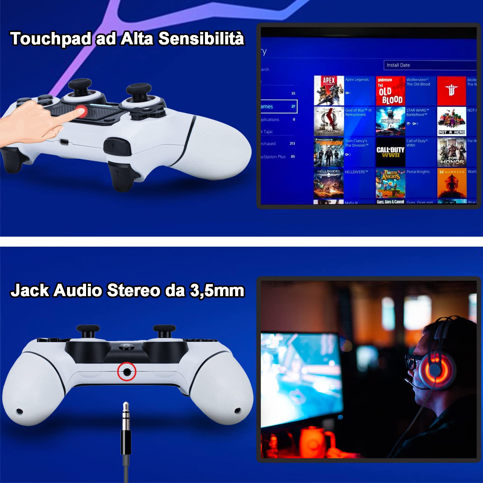 Wireless PS4 Controller Compatible with PS4/Pro/Slim & PC - Dual Vibration, 6-Axis Gyro, Turbo Mode, 1000mAh Battery, Touch Pad, Audio Jack, M1/M2 Buttons - Perfect for Gaming, Streaming & Esports