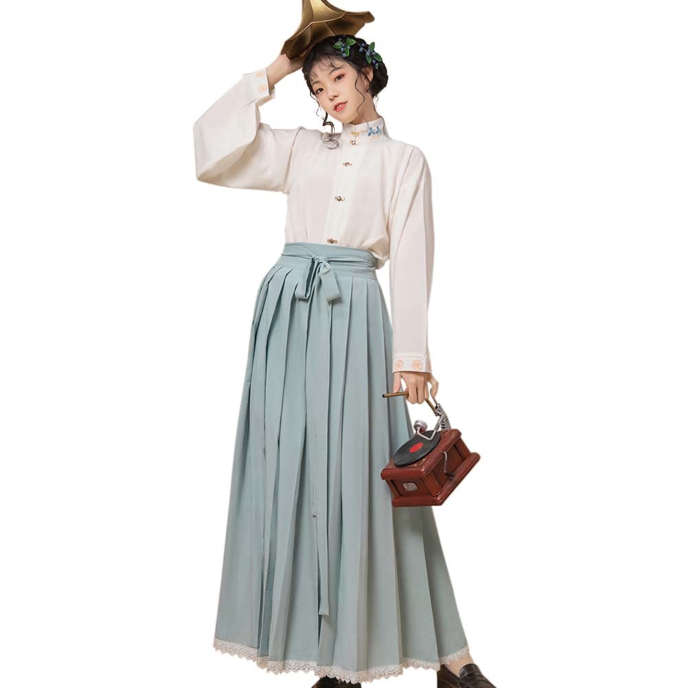 Traditional Hanfu Outfit for Women - Mandarin Collar Blouse & Pleated Maxi Skirt - Ming Dynasty Ancient Chinese Costume - Cosplay, Historical Reenactment, Cultural Events & Themed Parties