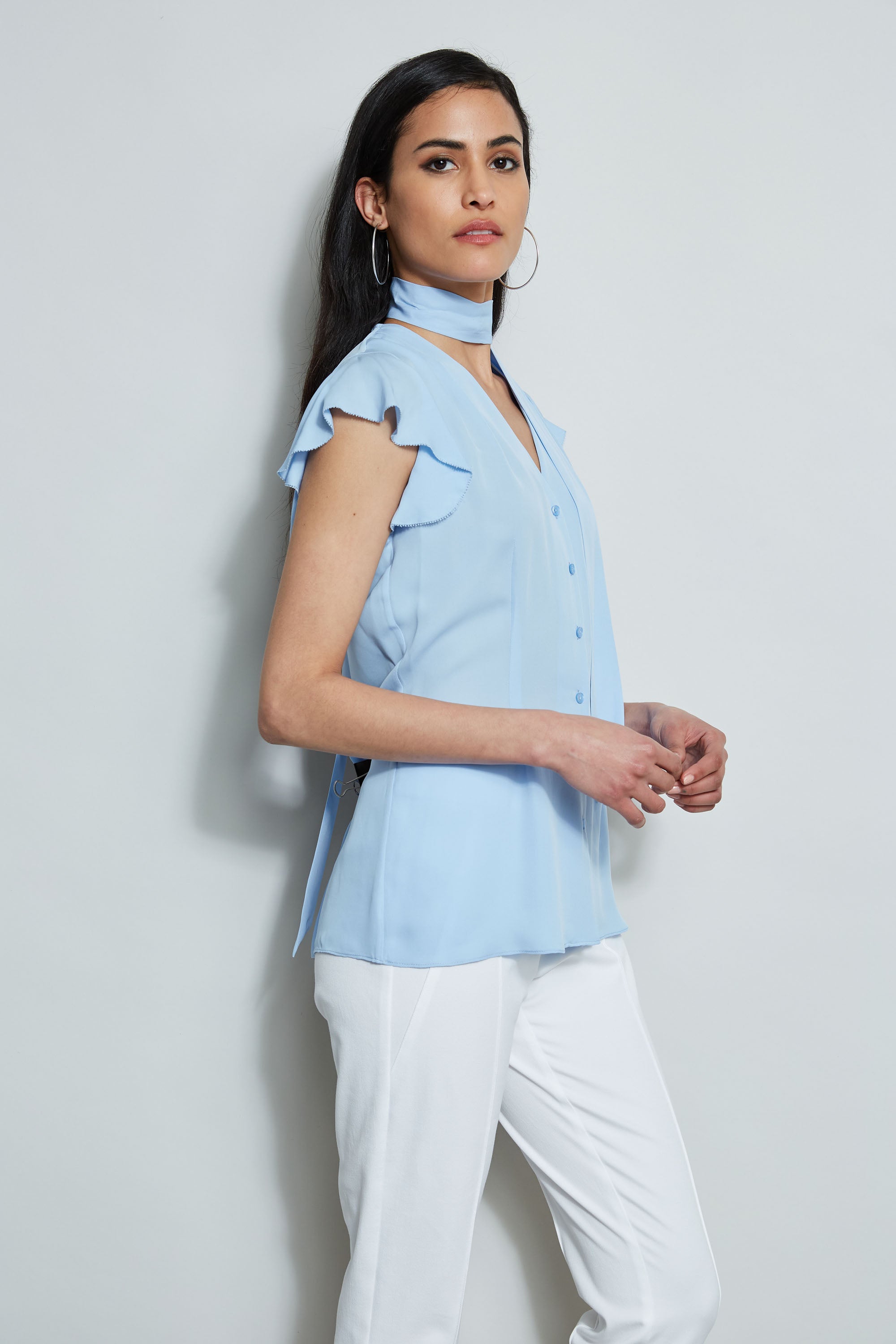 Flutter Sleeve Tie Front Blouse for Women - Elegant Flowy Tops for Office, Date Night & Summer Outfits