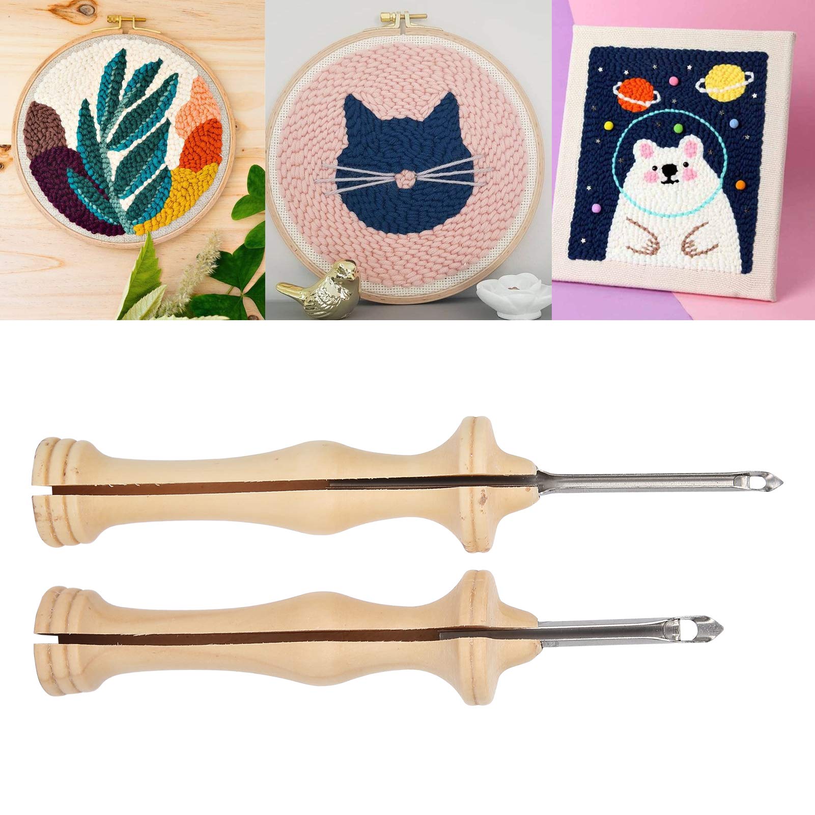 2pcs Punch Needle Embroidery Kits with Wooden Handle - DIY Embroidery Tools for Beginners, Punch Needle Pens & Weaving Supplies - Perfect for Home Decor, Wall Art & Craft Projects