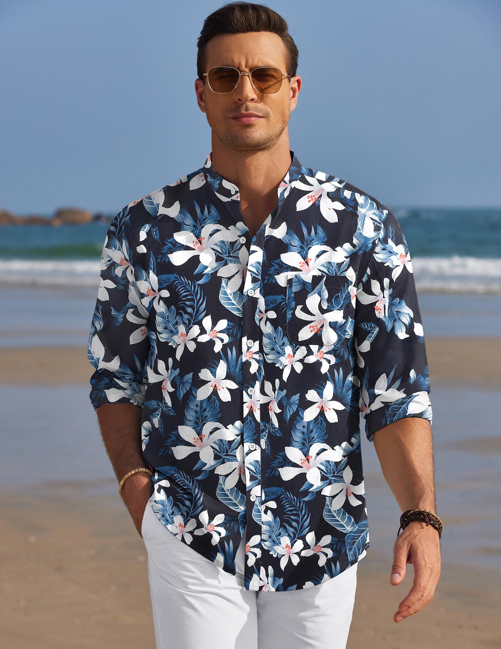COOFANDY Men's Long Sleeve Linen Shirt - Breathable Band Collar Button Down Oxford Dress Shirt for Casual & Business Wear | Perfect for Office, Summer Outfits and Travel
