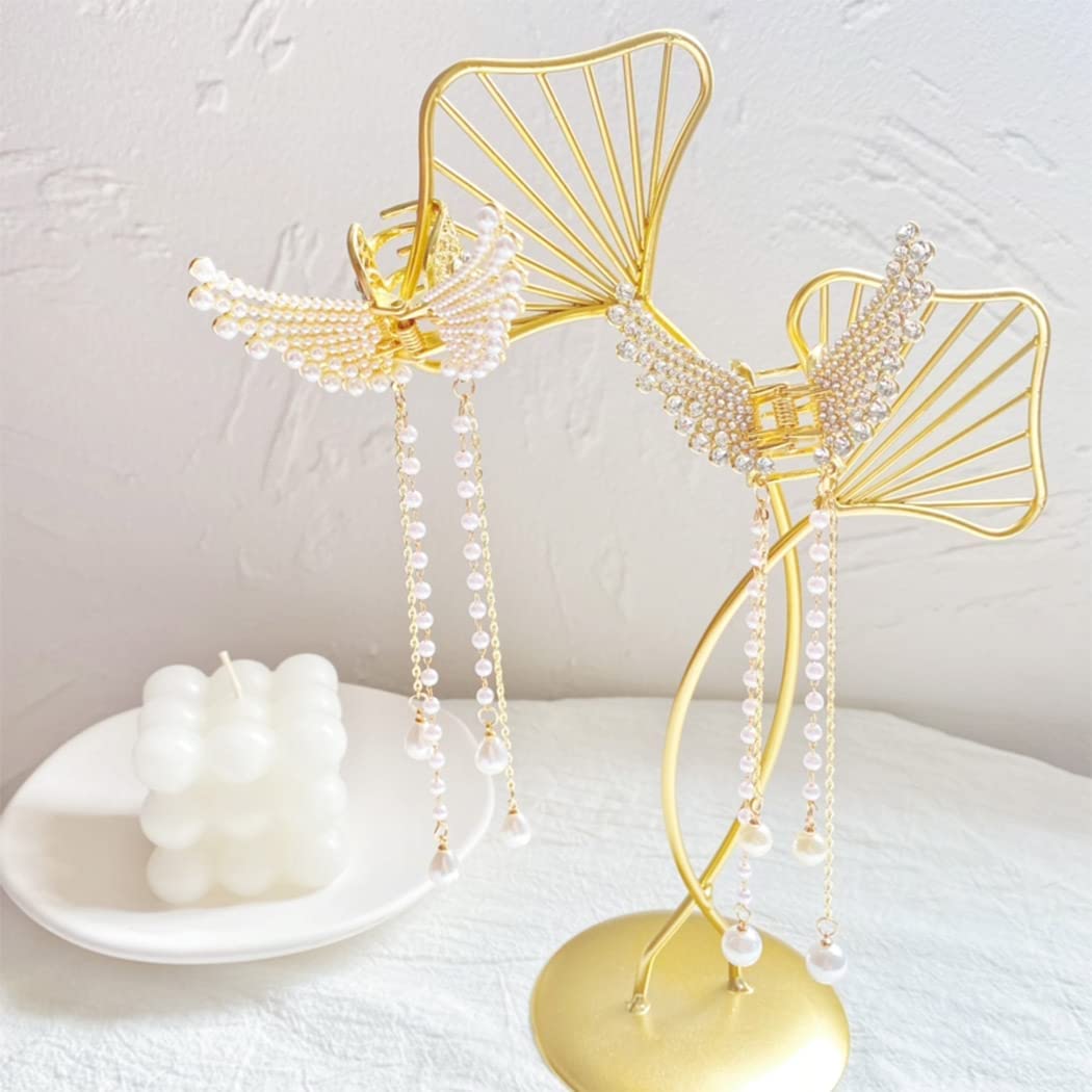 2PCS Rhinestone Butterfly Hair Clips with Tassel Pearl - Elegant Metal Hair Claws for Women & Girls - Perfect for Weddings, Parties & Daily Hair Accessories (Thick & Thin Hair)
