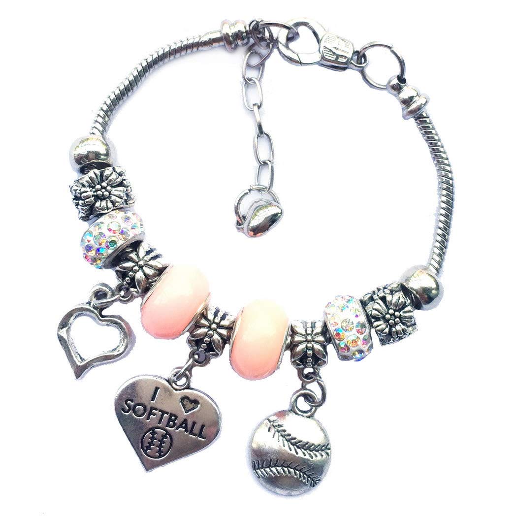 Handmade European Crystal Heart Beads Sports Charm Bracelet - Perfect for Gymnastics, Volleyball, Football, Basketball, Baseball Players & Fans - Unique Gift for Teams, Lovers & Friendship Jewelry - Ideal for Game Days, Sports Events & Special Occasions