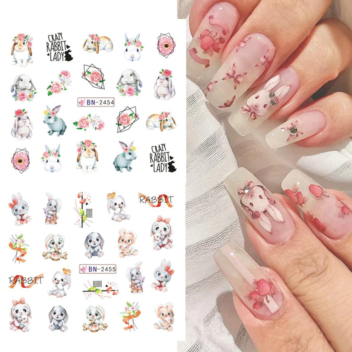 Easter Bunny Nail Art Stickers - Cute Cartoon Rabbit & Carrot Water Transfer Nail Decals - Floral Design Acrylic Nail Supplies for Women & Girls - 12 Sheets - Perfect for Spring Manicures, Easter Parties & Holiday Nail Decorations