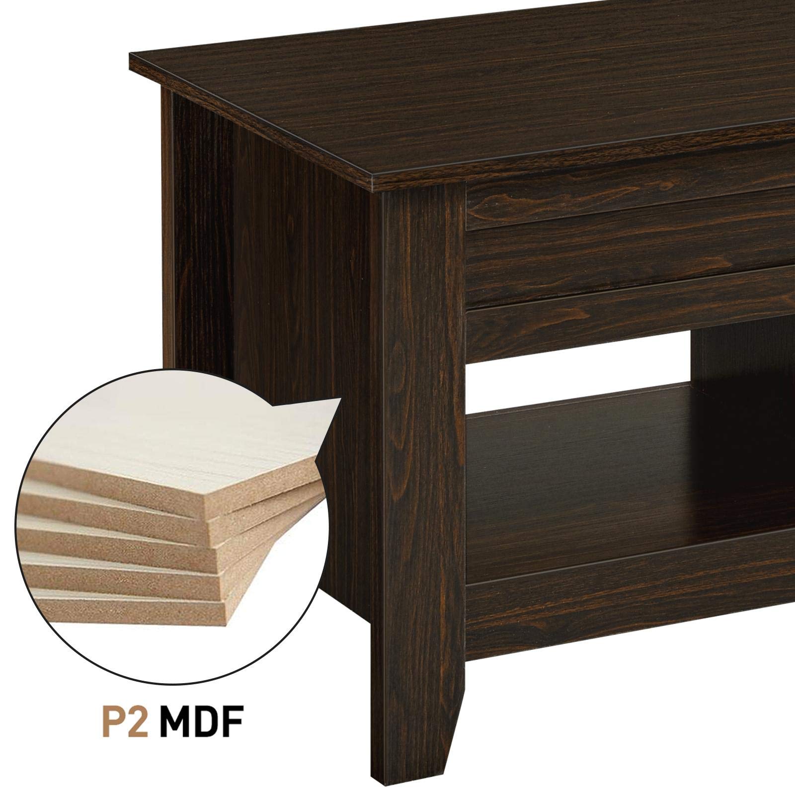 Topeakmart Lift Top Coffee Table with Hidden Storage & 2 Open Shelves - Adjustable Tabletop Living Room Center Table in Espresso Brown | Perfect for Small Spaces, TV Snacks & Remote Storage