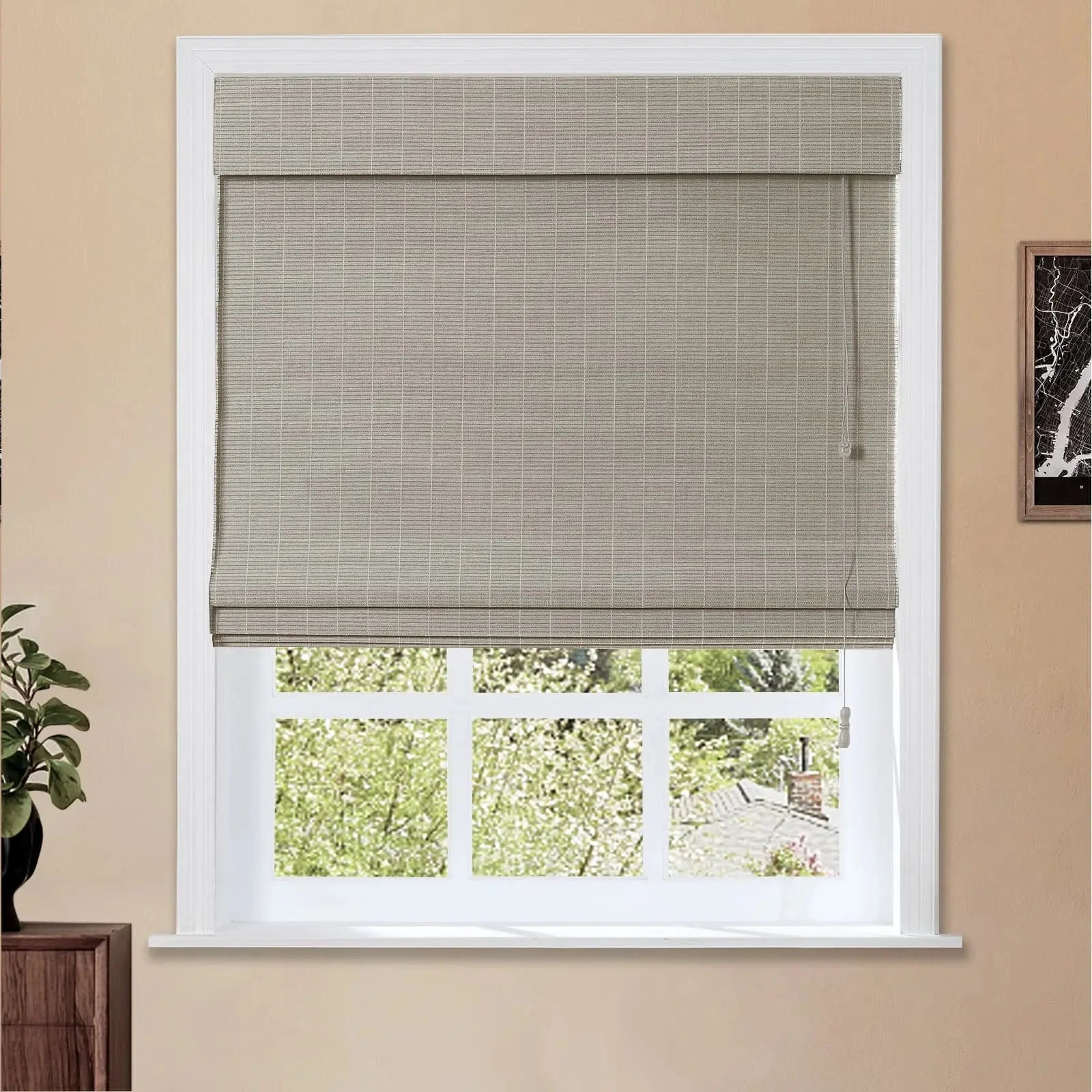 Natural Flax Bamboo Woven Window Shade - Eco-Friendly Stone Color for Living Room & Bedroom Blackout Privacy