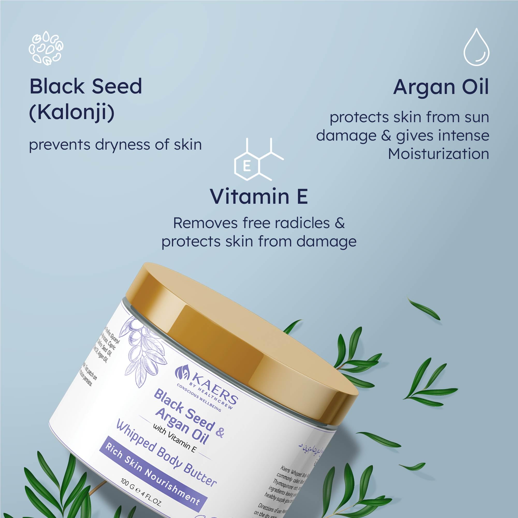 Kaers by Healthcrew Whipped Body Butter with Black Seed Oil & Argan Oil - Vitamin E Enriched Moisturizing Cream for Dry Skin | Ultra Hydrating & Nourishing | Perfect for Daily Skincare Routine, After Shower & Night Care - 3.5oz (100g) Pack of 1