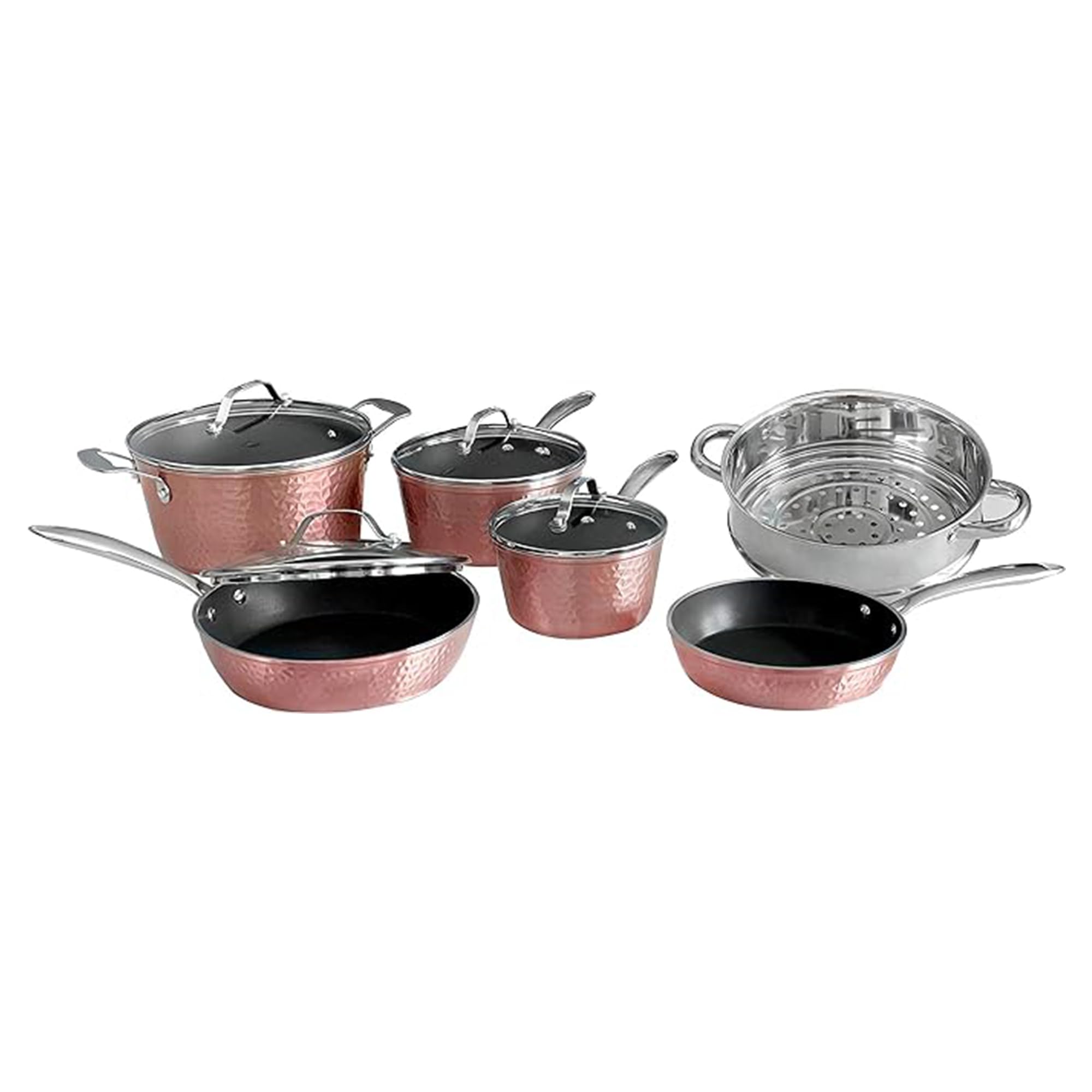 10-Piece Ceramic Non-Stick Cookware Set with Glass Lids - Rose Gold Hammered Design, Oven & Stove Top Safe (500°F), Lightweight & Durable Pots and Pans for Everyday Cooking, Frying, Baking & Serving