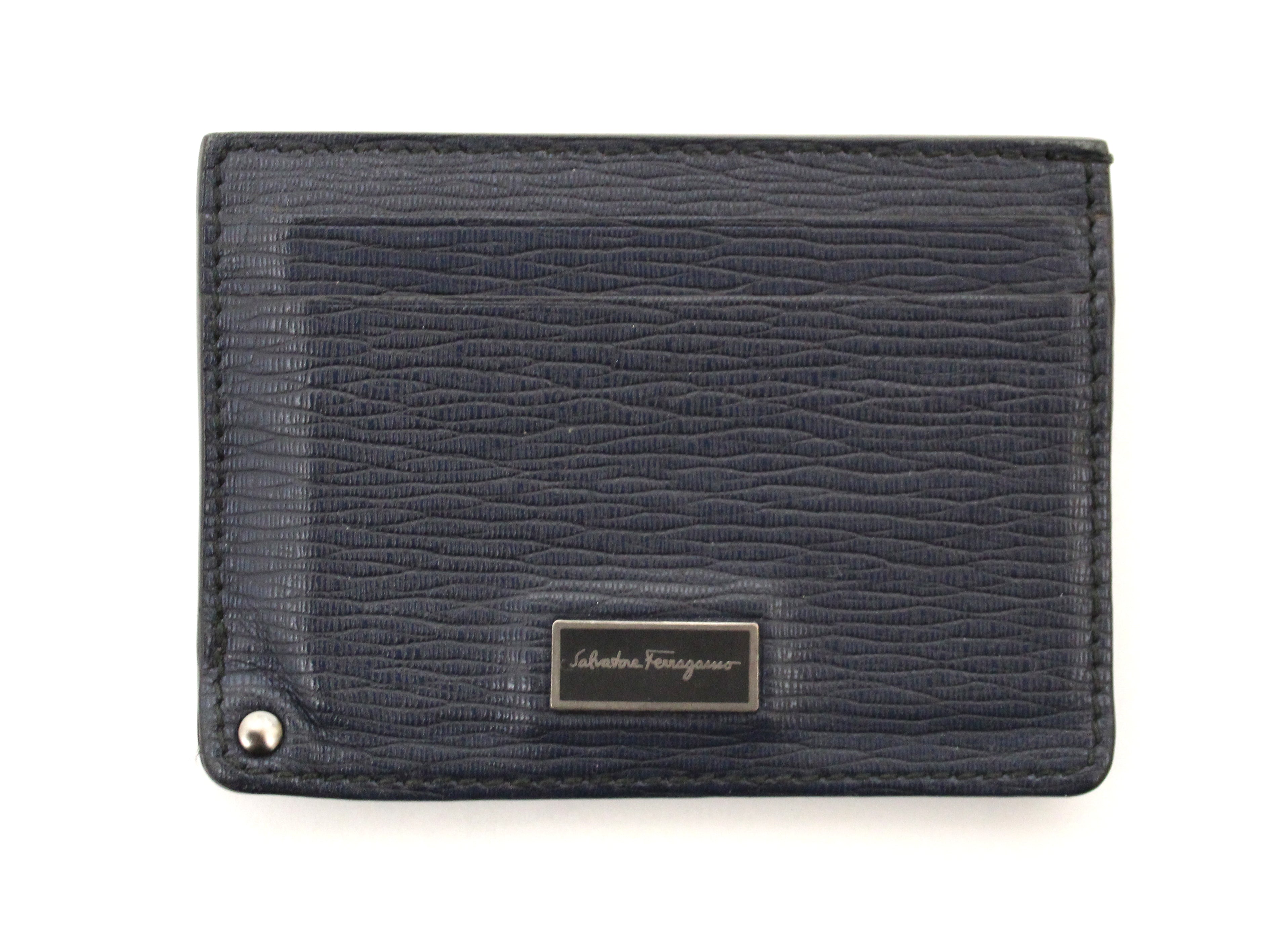 Authentic Salvatore Ferragamo Navy Blue Leather Card Holder Wallet - Slim RFID Blocking Luxury Men's Accessory for Business & Travel