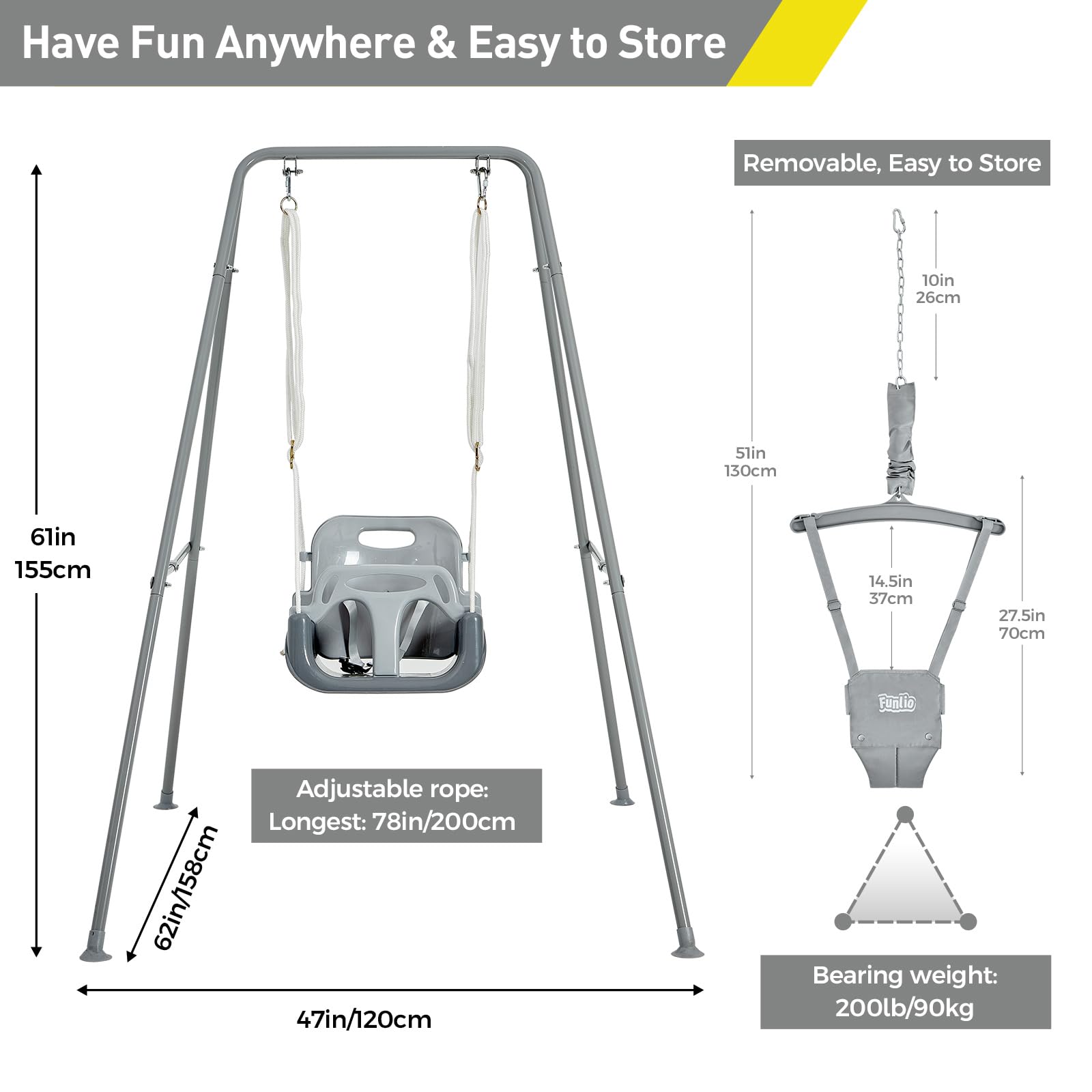 FUNLIO 2-in-1 Baby Swing and Jumper for Toddlers | Heavy Duty Kids Swing Set with Foldable Metal Stand | Includes 4 Sandbags for Stability | Indoor/Outdoor Play Equipment | Easy Assembly & Storage | Grey | Perfect for Backyard, Playroom or Daycare Use