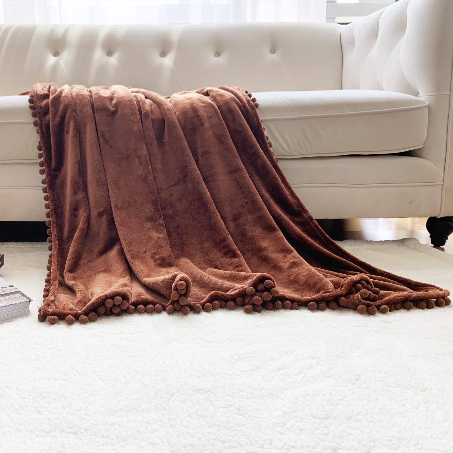 LOMAO Soft Flannel Blanket with Pompom Fringe - Lightweight Cozy Throw Blanket for Bed, Couch & Sofa - All Season Warm Plush Blanket (Brown, 51x63 Inches) - Perfect for Lounging, Netflix Nights & Guest Rooms