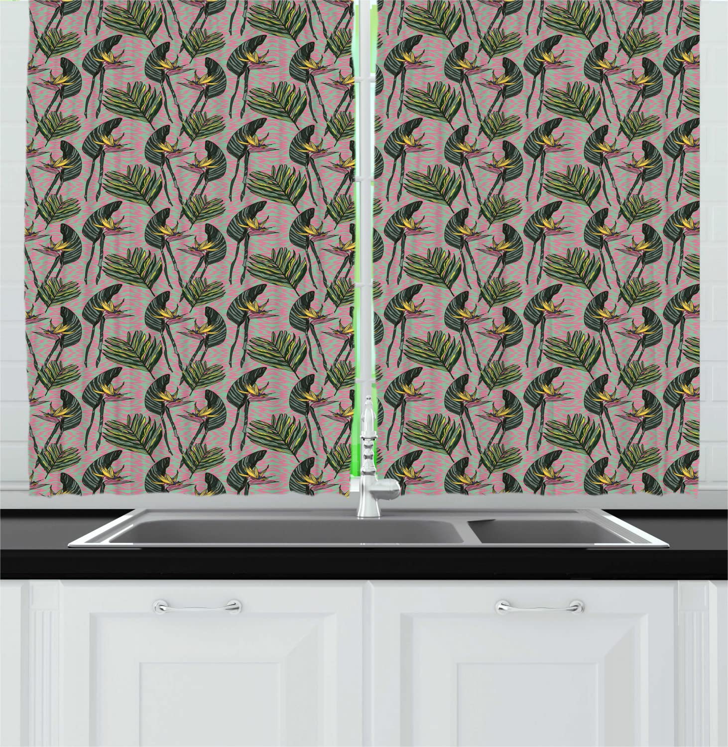 Ambesonne Tropical Long Kitchen Curtains - Bird of Paradise Flowers & Exotic Jungle Leaves Design - 55