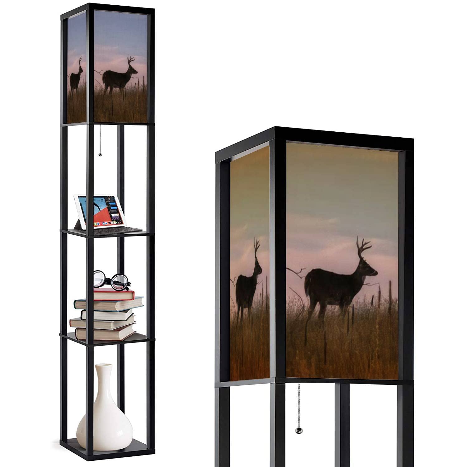 White-Tail Buck Silhouette Corner Floor Lamp with Shelves - 3-Color LED Standing Lamp with Linen Shade for Living Room & Bedroom - Perfect for Cozy Reading Nooks and Nighttime Nursery Lighting