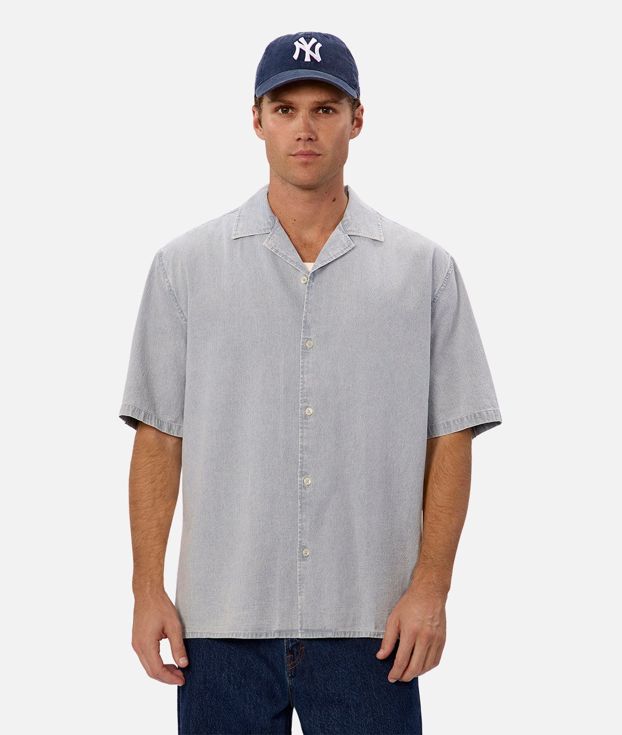 Wisconsin Short Sleeve Shirt - Light Denim Casual Button-Up for Men | Perfect for Summer Outings, Road Trips & College Game Days