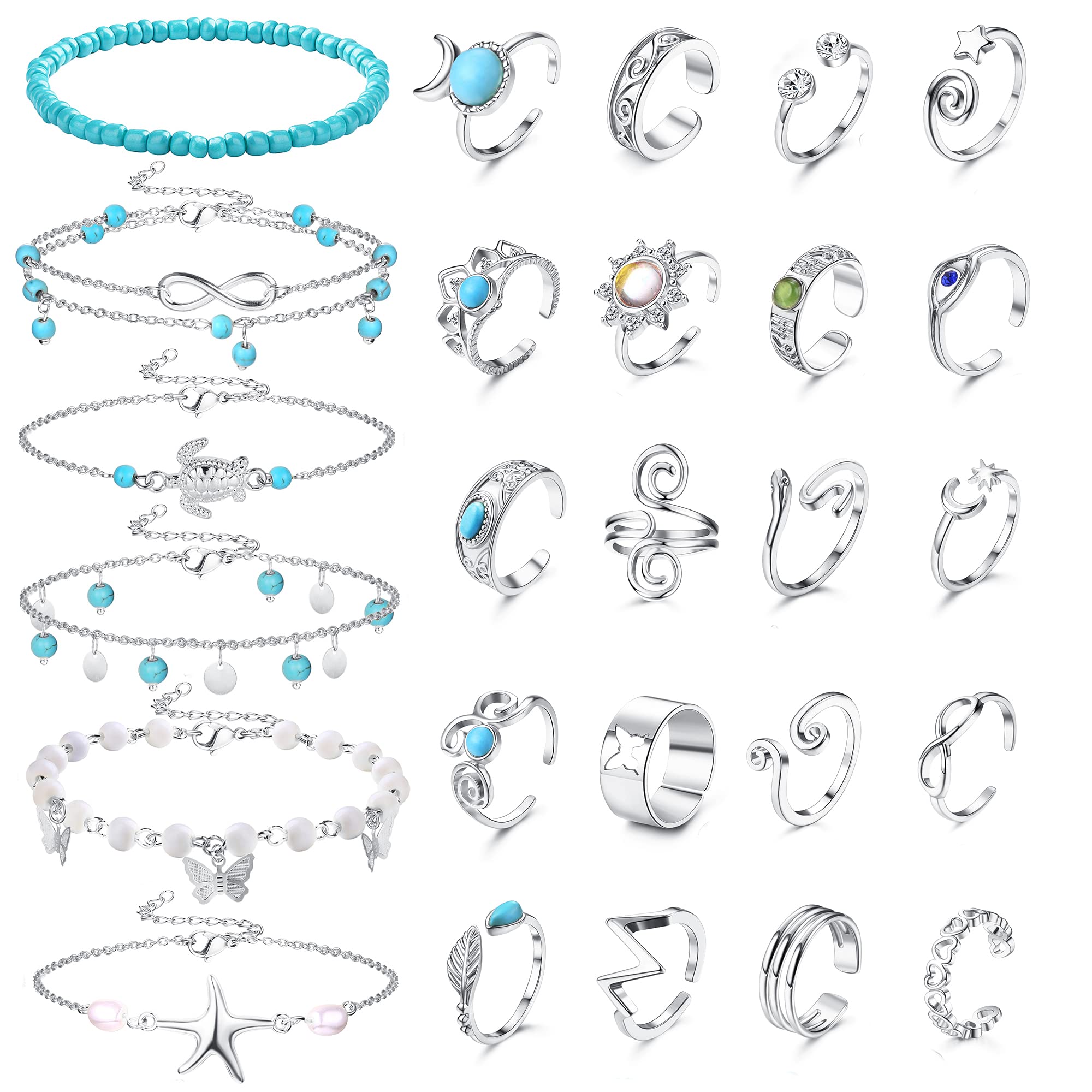 JOERICA 25 Pcs Adjustable Turquoise Toe Rings & Ankle Bracelets for Women - Gold & Silver Boho Anklets - Open Toe Rings for Beach, Summer & Festival Wear