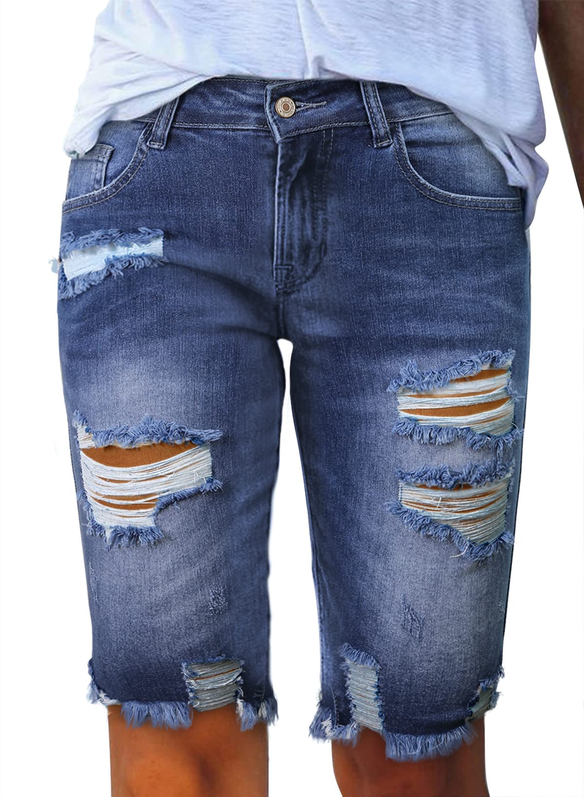 Sidefeel Women's Distressed Denim Bermuda Shorts with Raw Hem - High Waisted Casual Jean Shorts for Summer, Beach, and Travel
