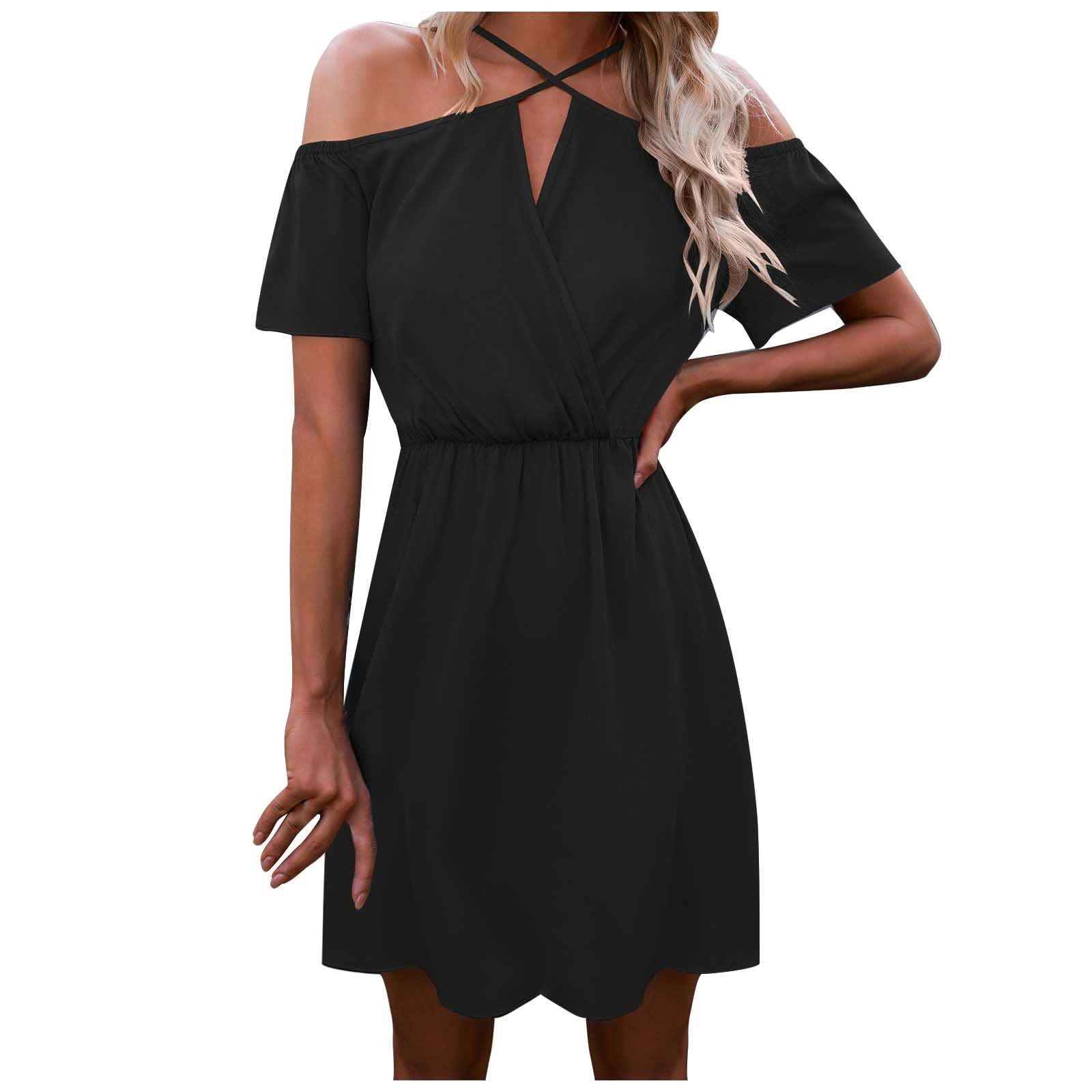 Women's Off Shoulder Cross Mini Dress - Hollow Out Front Short Sleeve Casual Tunic Dress for Summer, Beach, Party & Date Night | Comfortable & Stylish