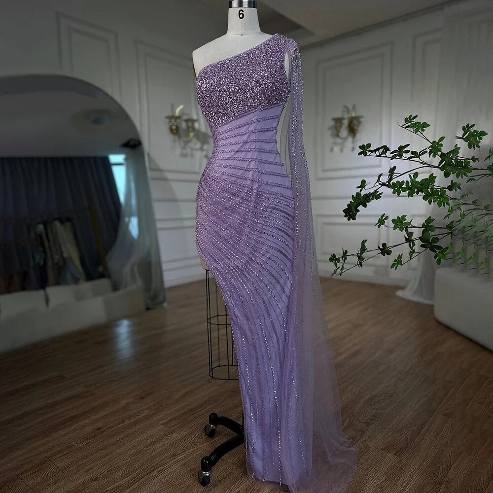 Serene Hill Lilac Mermaid Elegant One Shoulder Sexy High Slit Beaded Evening Dress Gown 2025 for Women - Perfect for Weddings, Prom, Cocktail Parties & Formal Events