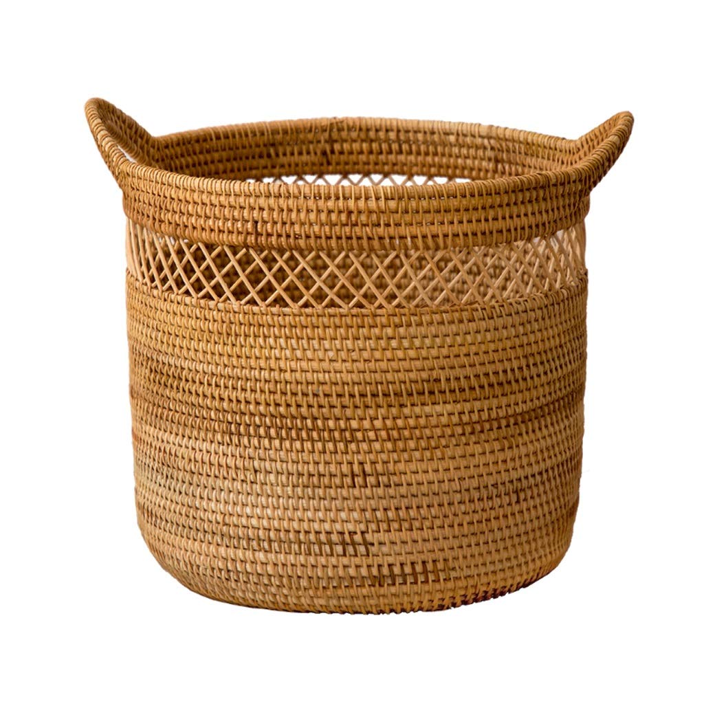 Large Woven Rattan Storage Basket with Handles - Round Laundry Bin for Shelves, Organizer for Books, Toys & Magazines (Brown, Large) - Perfect for Nursery, Living Room & Bathroom Storage