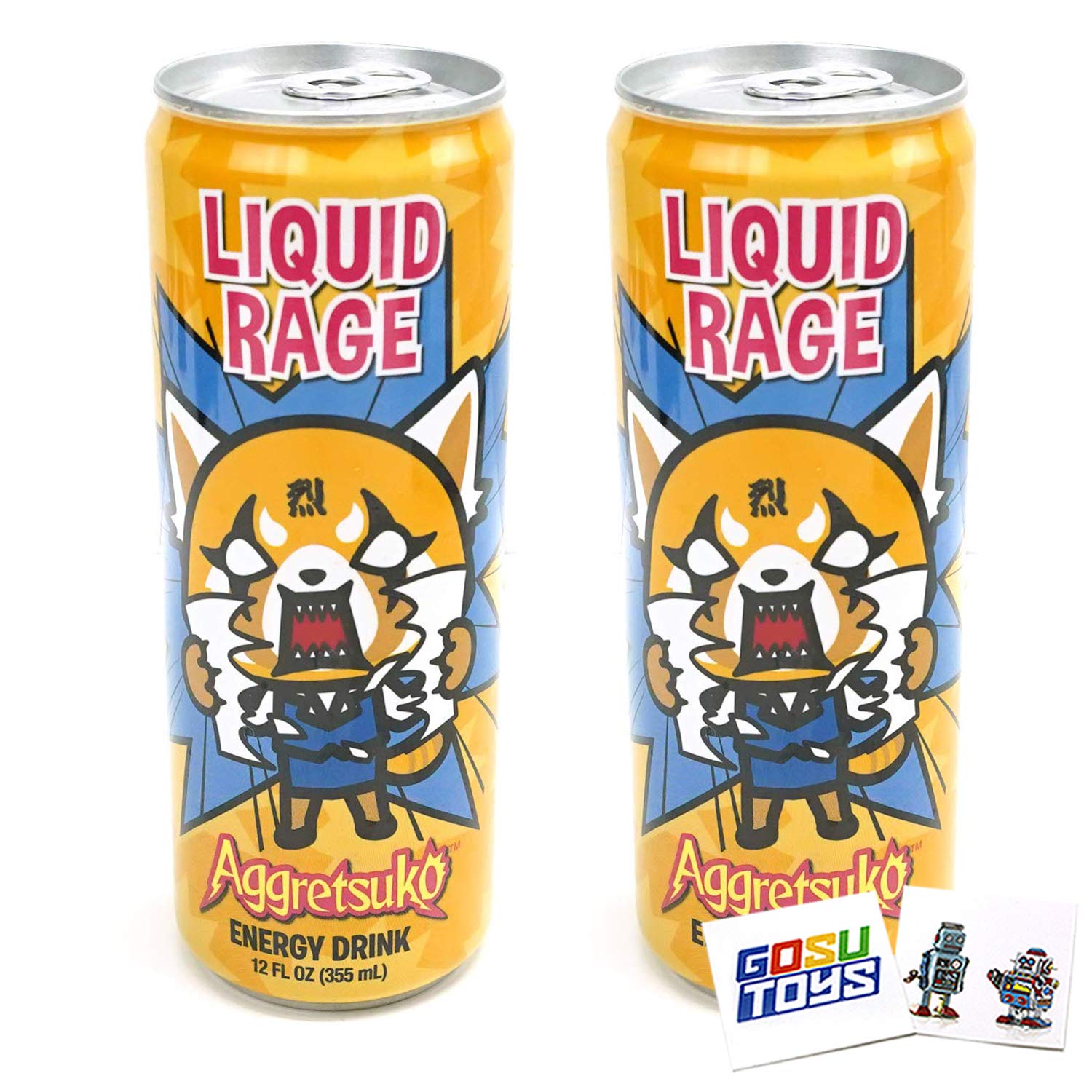 Aggretsuko Liquid Rage Energy Drink - 12 FL OZ (355mL) Can, 2 Pack with 2 GosuToys Stickers - Anime Themed Caffeinated Beverage for Work, Gaming & Stress Relief