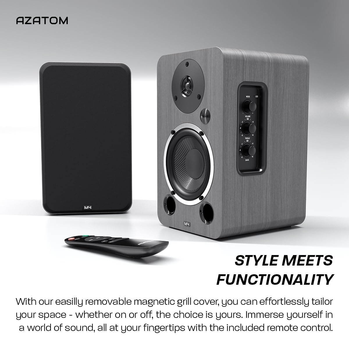 AZATOM Equinox 2 M4 Powered Bookshelf Speakers - 2.0 Active Bluetooth/Wired HiFi Audio System with 80W Output, Wooden Enclosure (Grey) - Perfect for Home Theater, Gaming, Vinyl Records, Music Streaming, PC & Laptop Sound Enhancement