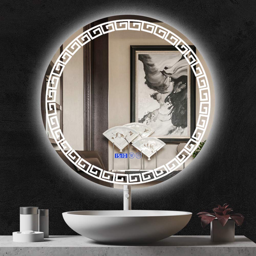 Round LED Vanity Mirror with Anti-Fog & Dual Touch Control - Chinese Style Lace Design (60x60cm, 70x70cm, 80x80cm, 90x90cm) for Bathroom Makeup & Dressing Room Decor