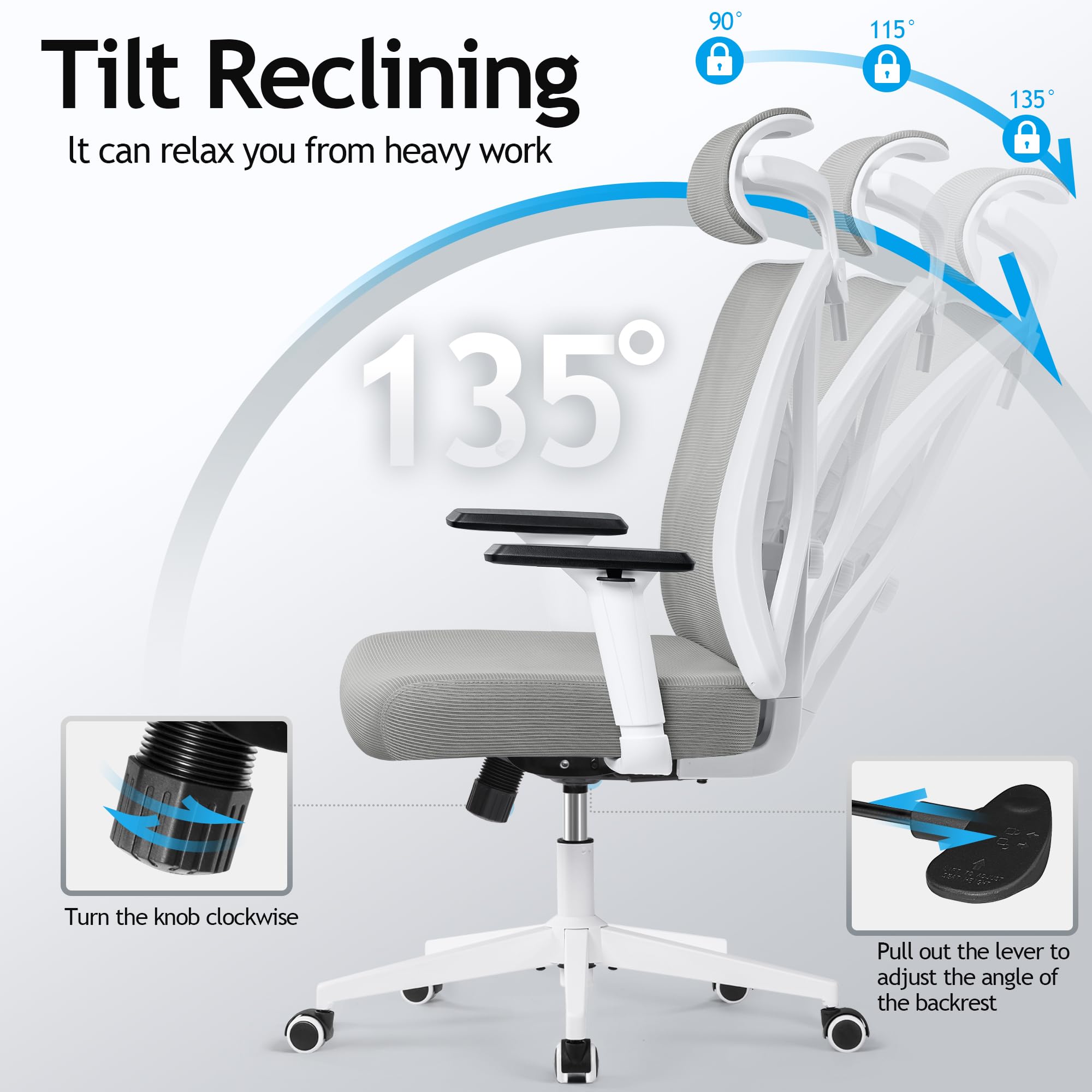 KERDOM Ergonomic Office Chair - Adjustable Mesh Back Executive Desk Chair with 3D Armrests, Lumbar Support & Headrest - Rolling Swivel Gaming Chair for Home Office (Light Gray) | Perfect for Long Work Hours, Gaming & Remote Work
