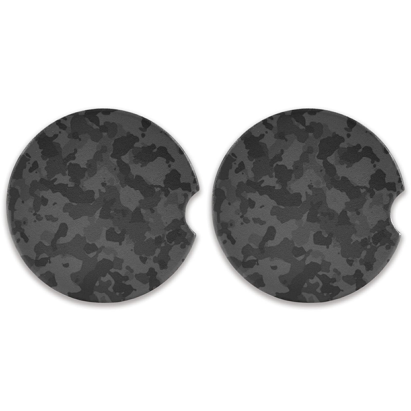 Xigua Black Camo Car Coasters 2 Pack - Absorbent Ceramic Stone Cup Holders with Fingertip Grip for Car, Office, and Home Use