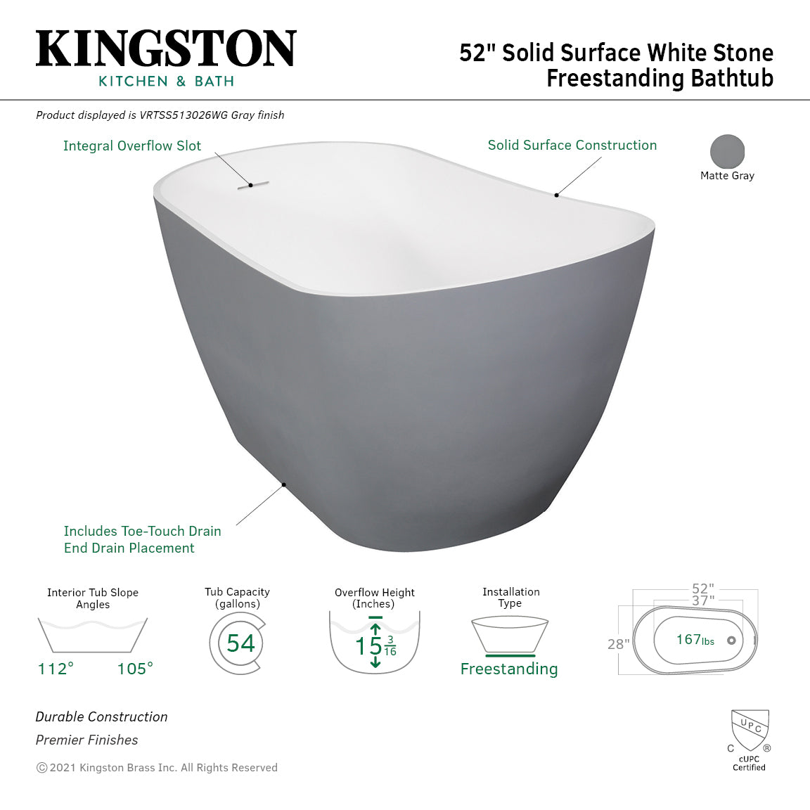 Arcticstone 52 Inch Freestanding Oval Bathtub - VRTSS513026WG Solid Surface Slipper Tub with Drain in Glossy White/Matte Gray | Modern Bathroom Luxury for Spa-Like Relaxation