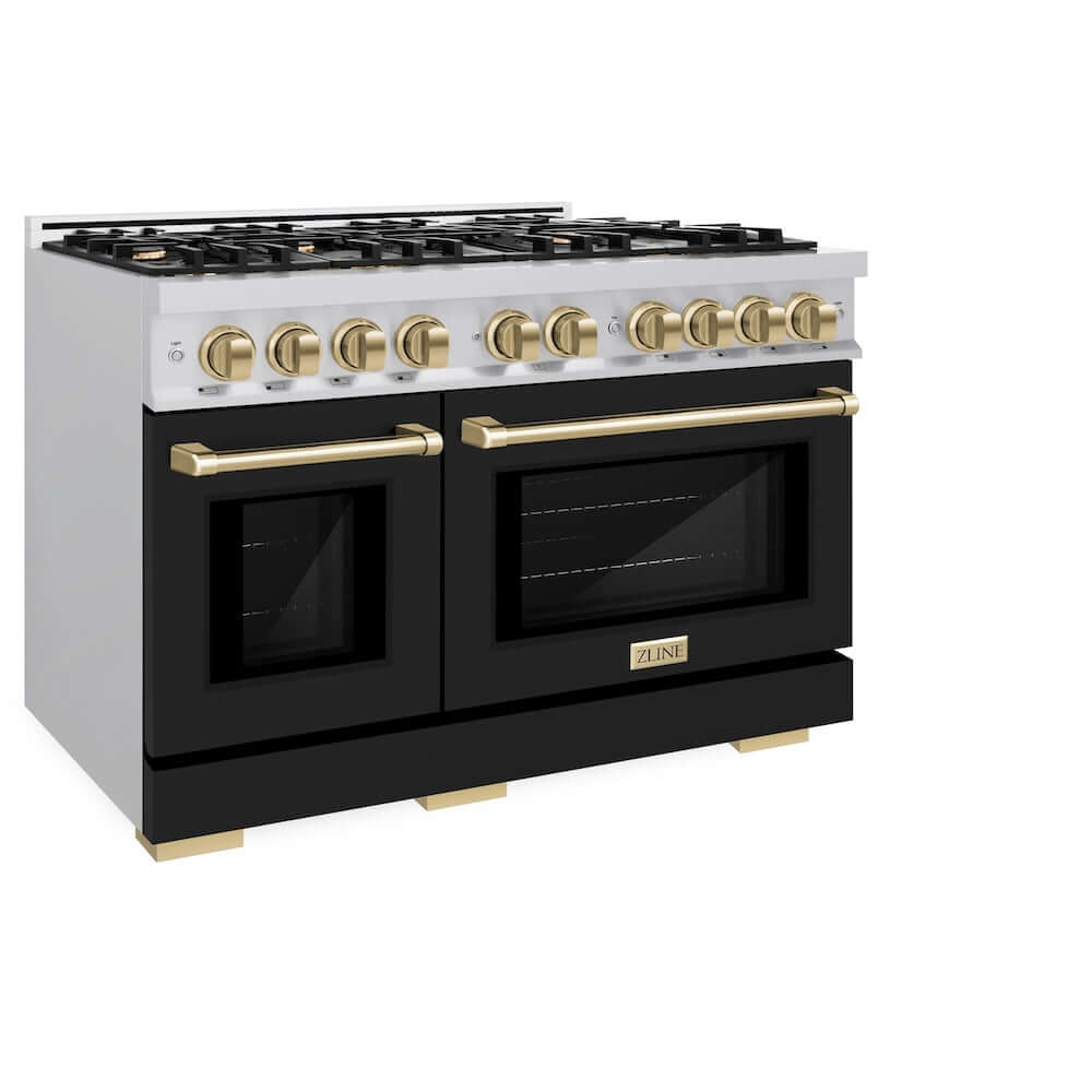 ZLINE Autograph Edition 48-Inch 6.7 cu. ft. Professional Double Oven Gas Range with 8 Burner Cooktop - Stainless Steel with Black Matte Doors & Champagne Bronze Accents (HGRZ BLM 48 CB) - Perfect for Large Kitchens, Home Chefs & Entertaining