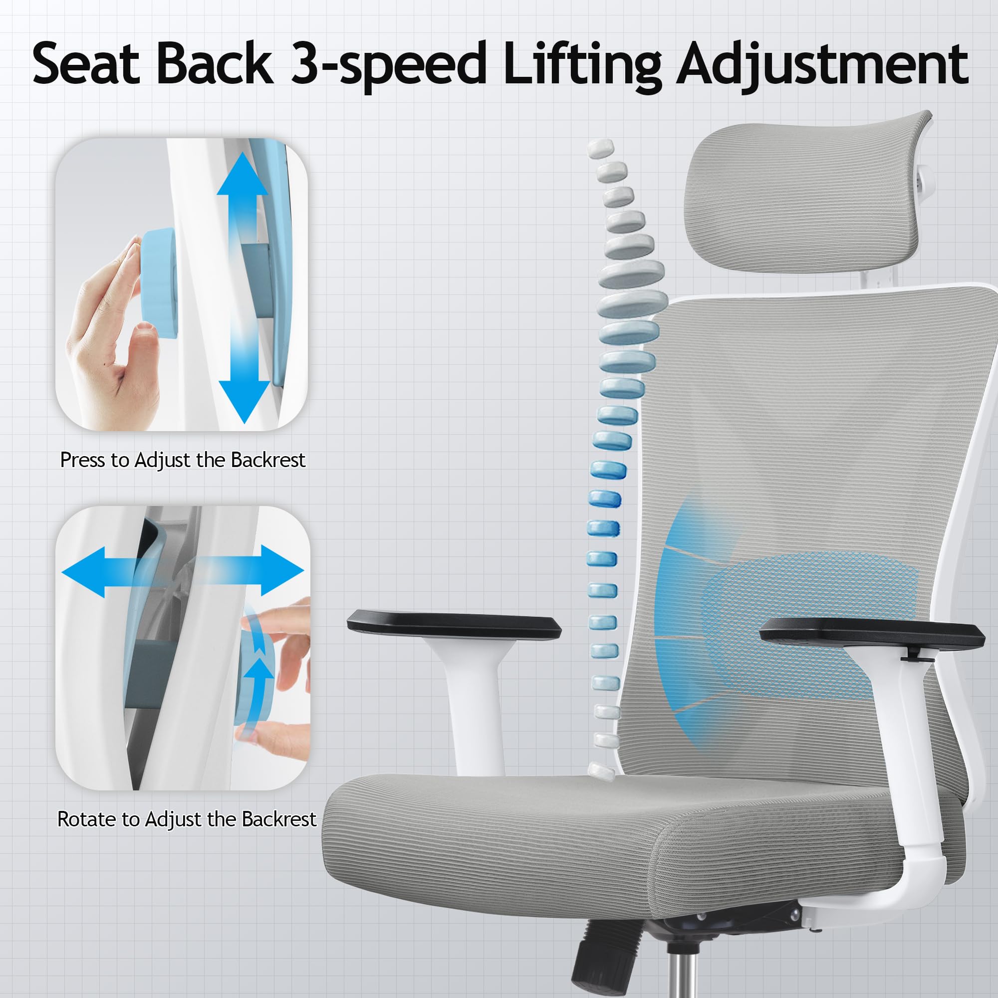 KERDOM Ergonomic Office Chair - Adjustable Mesh Back Executive Desk Chair with 3D Armrests, Lumbar Support & Headrest - Rolling Swivel Gaming Chair for Home Office (Light Gray) | Perfect for Long Work Hours, Gaming & Remote Work