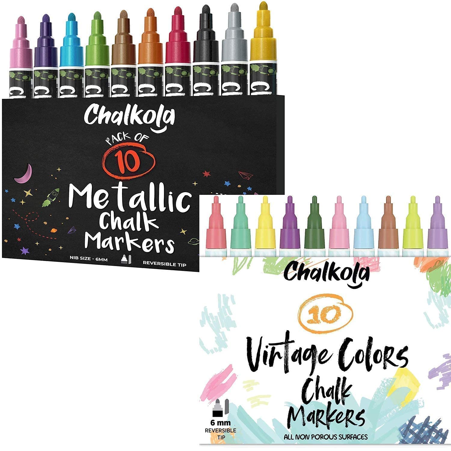 10 Vintage + 10 Metallic Chalk Markers Set - Dual Tip Art Supplies for Whiteboards, Glass, Chalkboards & Signs - Perfect for Restaurants, Classrooms & DIY Projects