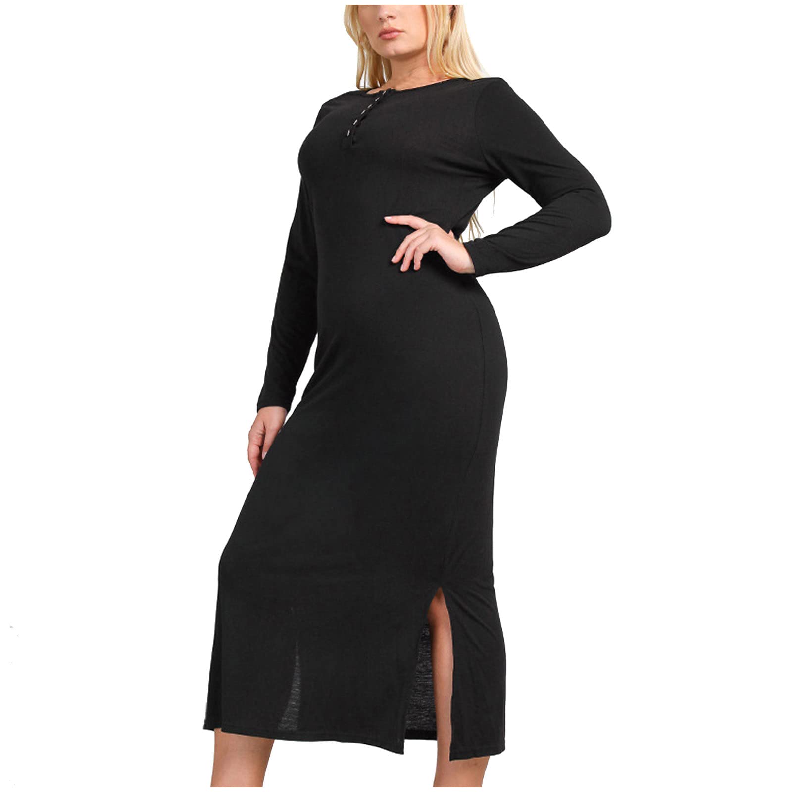 Plus Size Black Long Sleeve Bodycon Dress for Women - Solid Spring Casual Dress with Side Split | Perfect for Office, Date Night & Evening Events