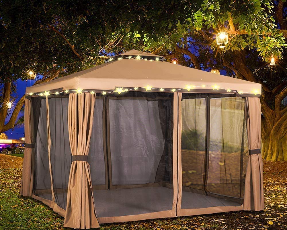 10' x 10' All-Season Permanent Soft-Top Patio Gazebo with Mosquito Netting & Shade Curtains - Brown Outdoor Canopy for Backyard, Garden, and Poolside Relaxation