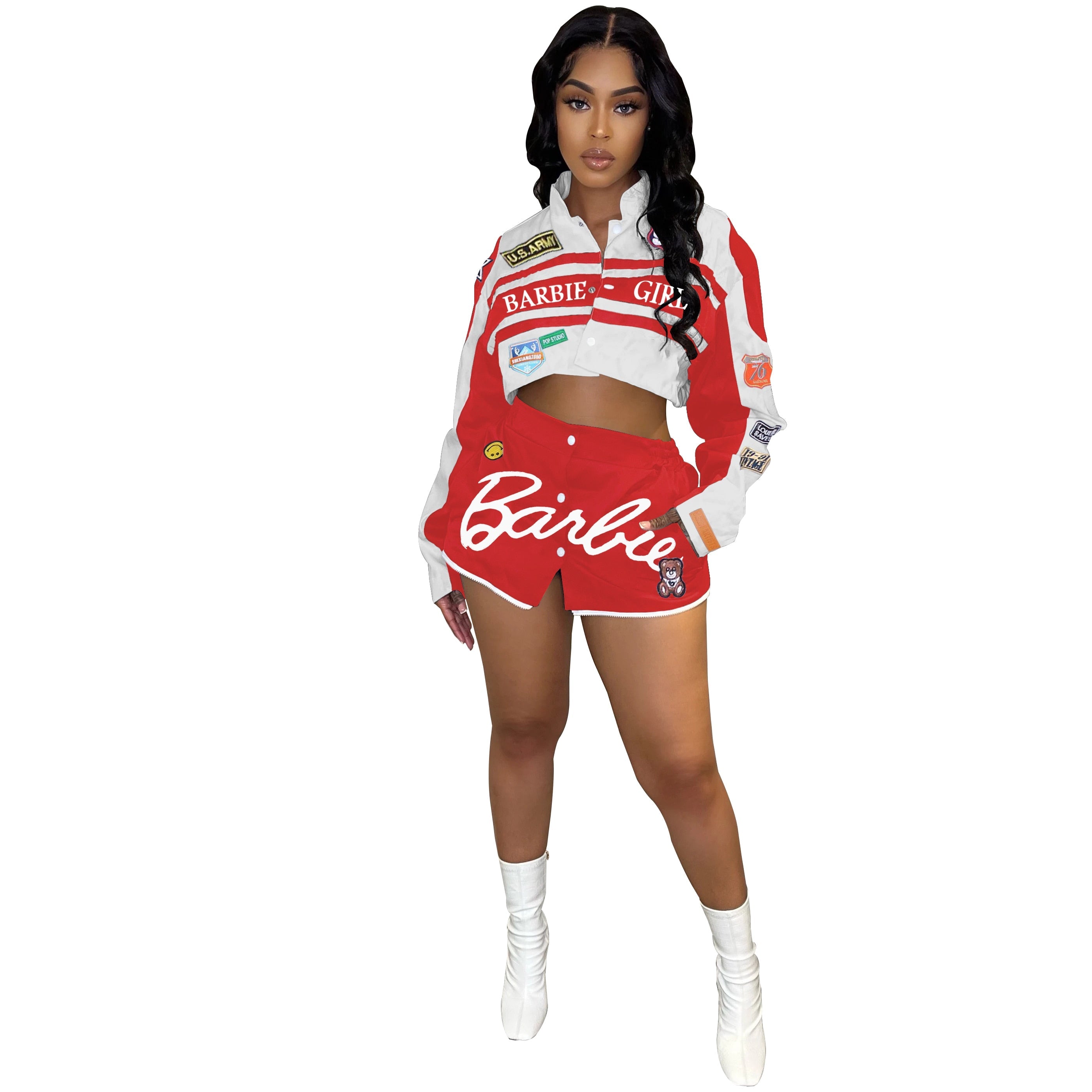 Women's Autumn Winter Fashion Casual Long Sleeve Button Mini Skirt Suit with Sports Printing | Trendy Outfit for Work, Dating & Casual Wear