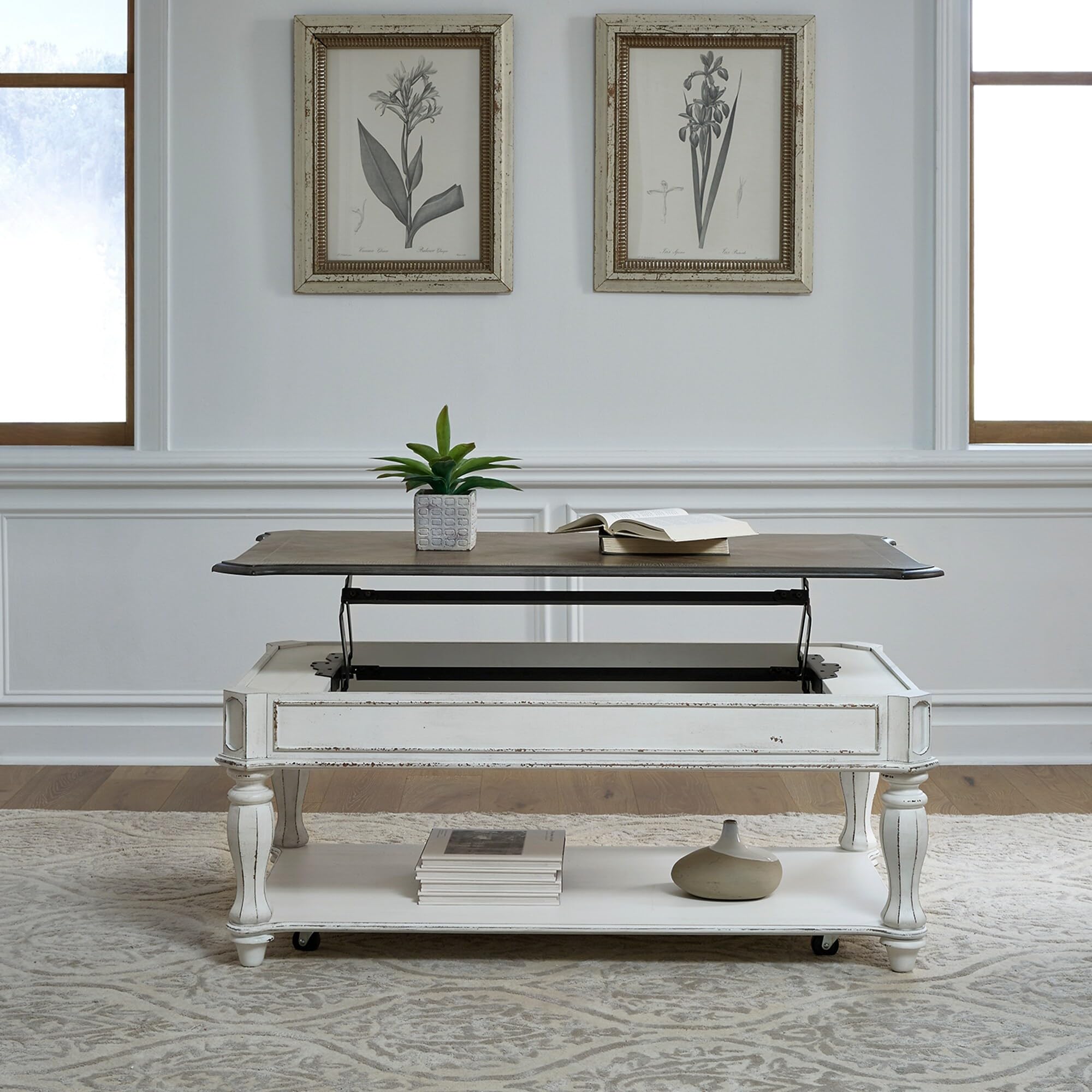 Liberty Furniture Magnolia Manor Lift Top Coffee Table - Antique White Finish, Lift-Top Storage Ottoman, Perfect for Living Room, Home Office & Small Spaces