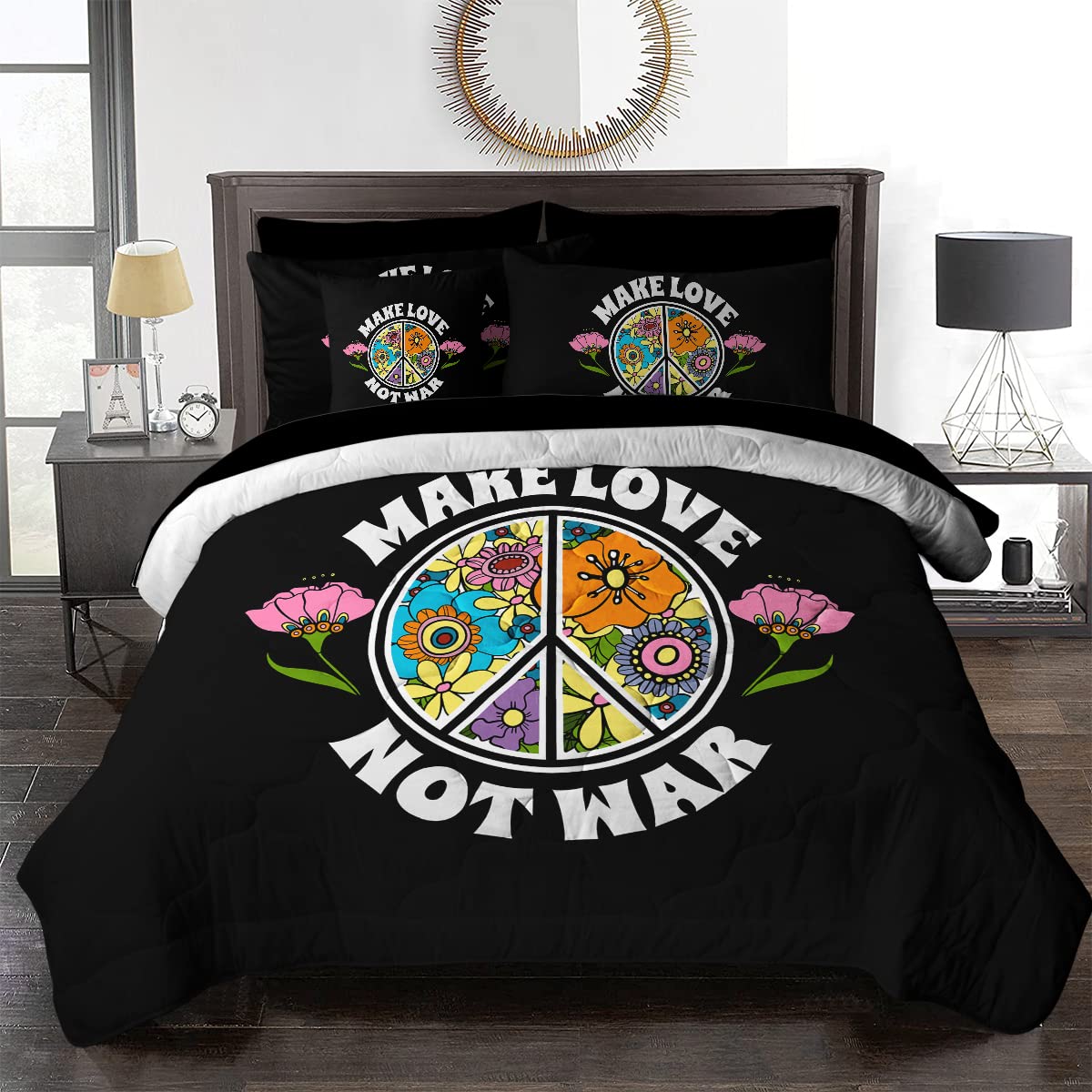 BlessLiving Love Peace Sign Twin Comforter Set - 8 Piece Hippie Bed in a Bag with Black Floral Design | Lightweight All-Season Down Alternative Bedding for Twin Beds | Perfect for Bohemian Bedrooms, Dorm Rooms & Teen Girls' Bedrooms