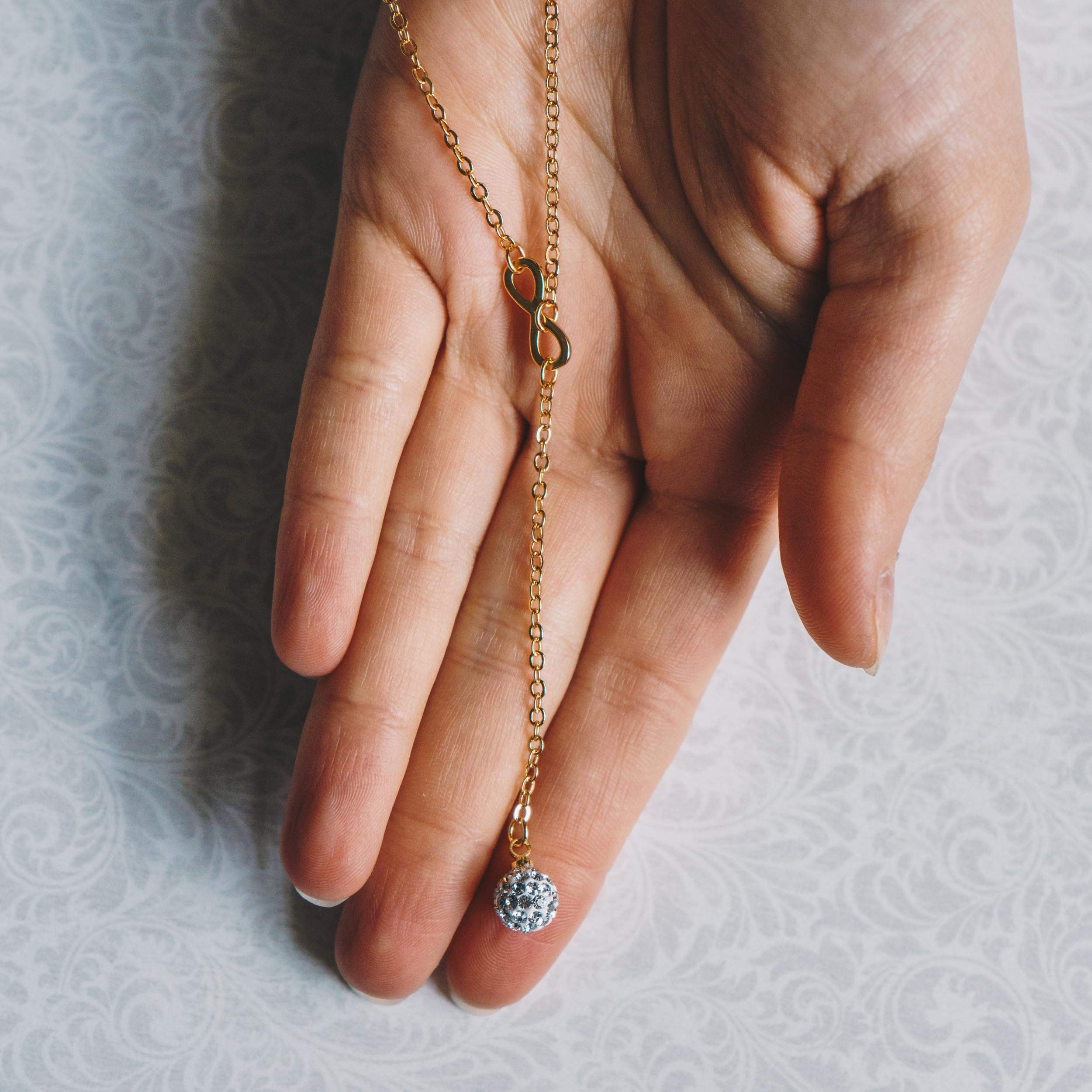 Gold Plated Infinity Lariat Necklace with Zirconia Crystals for Women - Elegant Party Jewelry