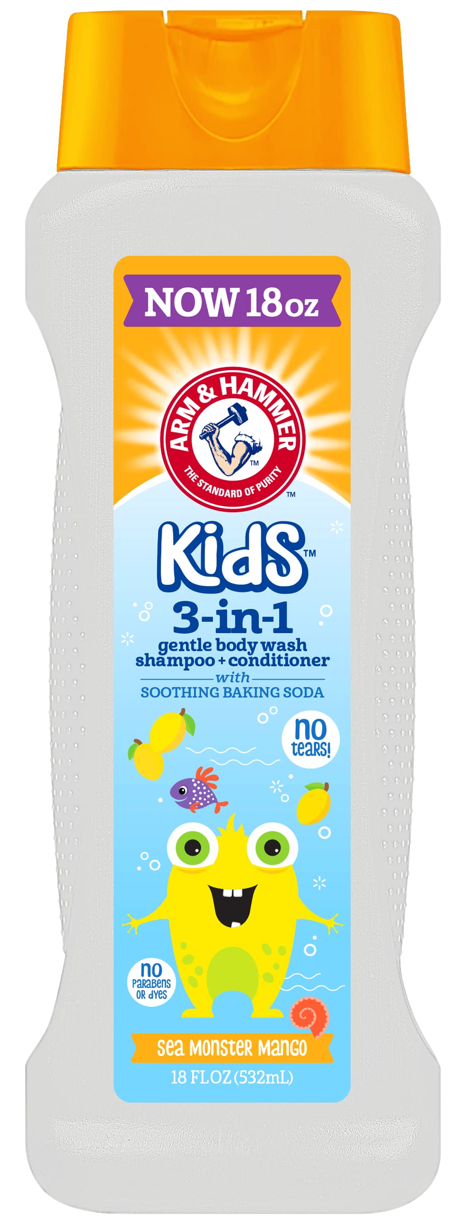 Arm & Hammer Kids 3-in-1 Gentle Body Wash, Shampoo & Conditioner with Mango Scent - 18 Fl Oz | Tear-Free Formula for Sensitive Skin | Perfect for Bath Time & Travel