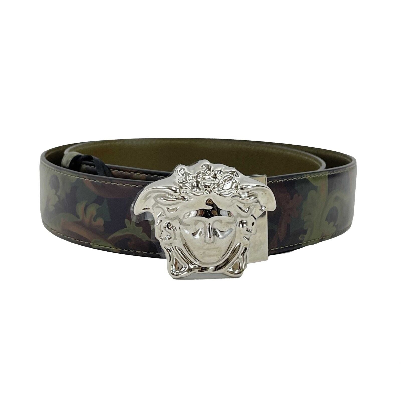 Versace La Medusa Logo Buckle Barocco Green Leather Belt for Women - 85/34 Size - Luxury Designer Accessory for Dresses, Jeans & Office Wear