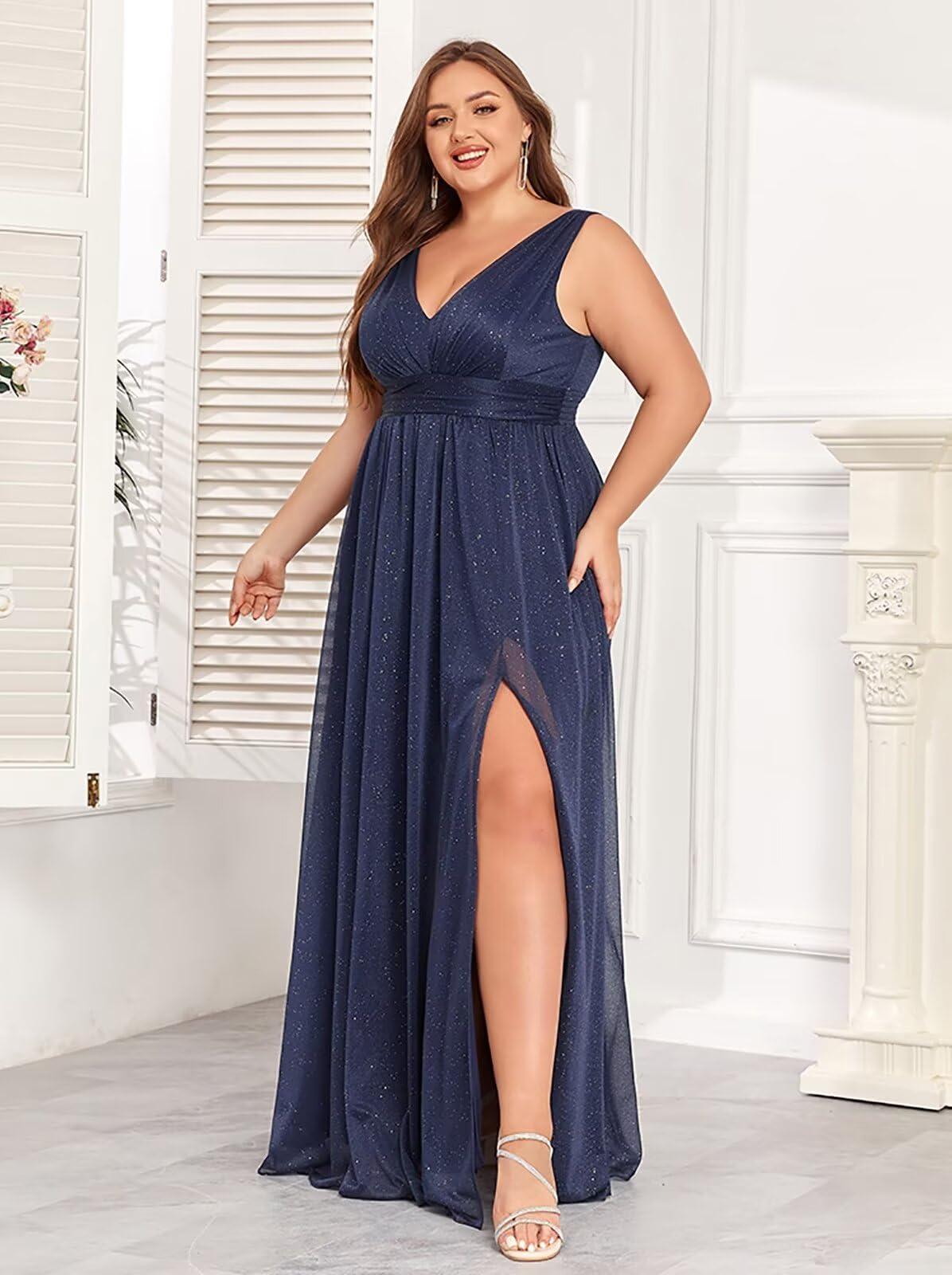 Elegant V-Neck Glitter Evening Gowns for Women 2025 - Sleeveless A-Line Bridesmaid Dresses with Thigh Split | Perfect for Weddings, Prom, Cocktail Parties & Formal Events