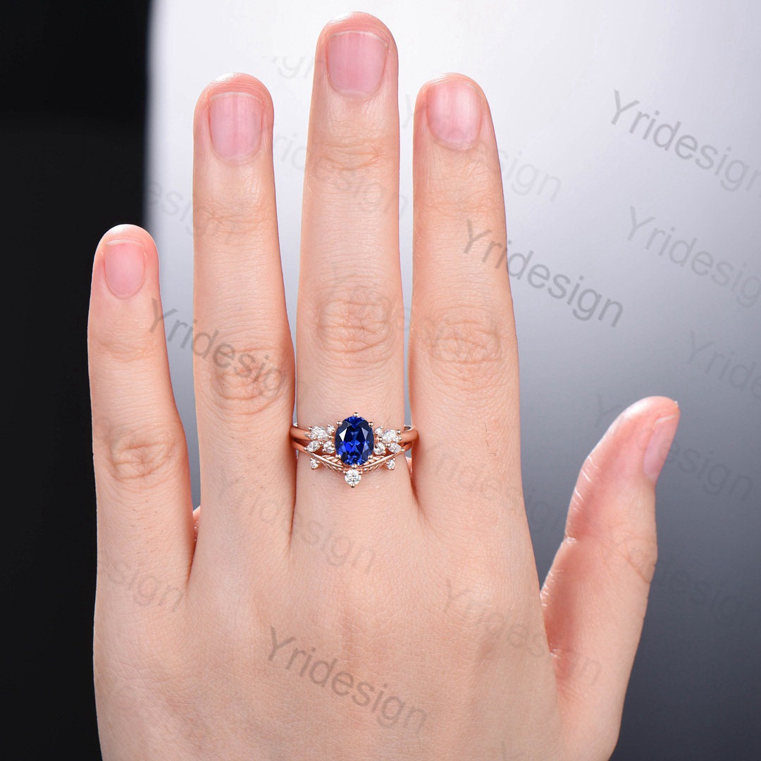Vintage Rose Gold Oval Sapphire and Diamond Engagement Wedding Ring Set - Natural Leaf Inspired Stackable Promise Rings for Women, Perfect for Proposals, Anniversaries, and Special Occasions