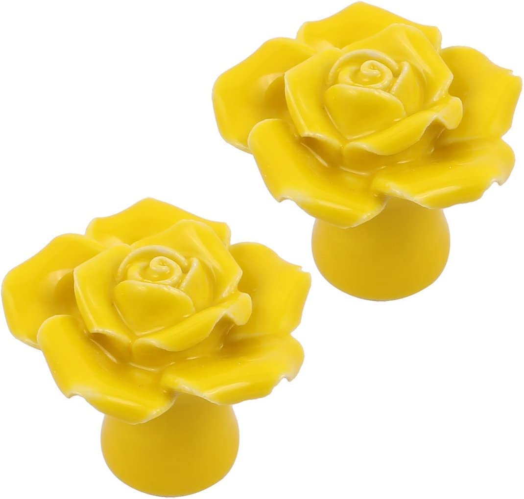 Rose Shaped Ceramic Cabinet Handles - Yellow Drawer & Wardrobe Door Pulls (2-Pack) - Vintage Style Hardware for Kitchen, Bathroom & Furniture Upgrade