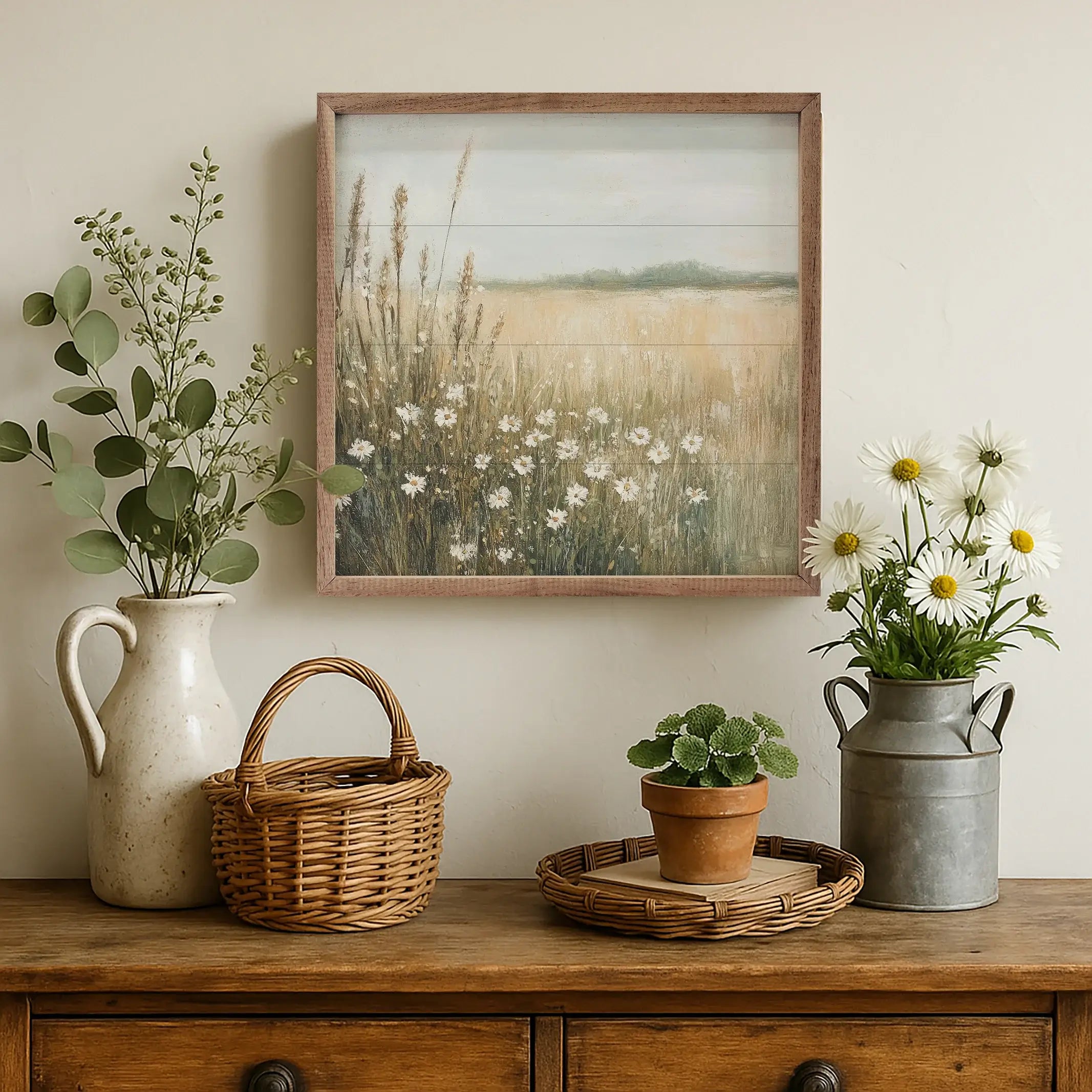 Daisy Dream Wood Framed Wall Art Print - Floral Home Decor for Living Room, Bedroom & Office - Vintage Botanical Painting for Farmhouse, Boho & Cottage Style