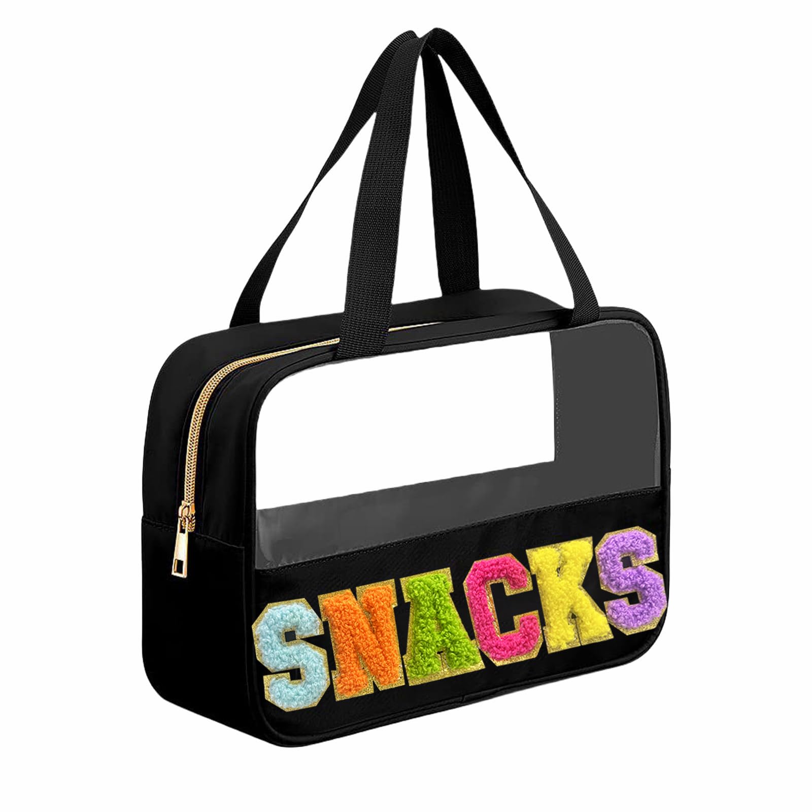 Waterproof Nylon Chenille Letter Snack Bag with Handle & Zipper - Clear Portable Travel Pouch for Women, Perfect for School Lunches, Gym Snacks, Makeup Storage & Beach Essentials