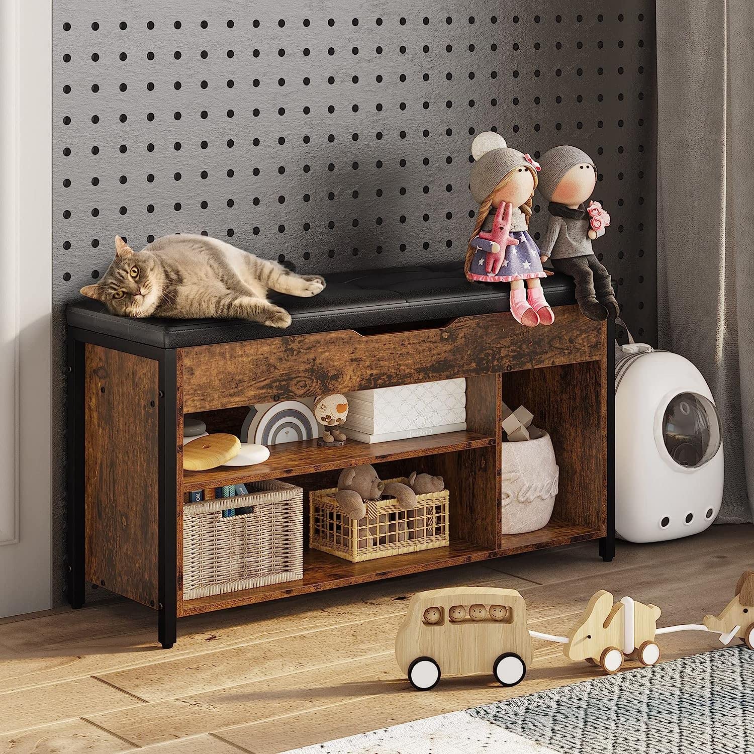 Multi-Functional Shoe Storage Bench with Lift Top & Adjustable Shelf - 35.5