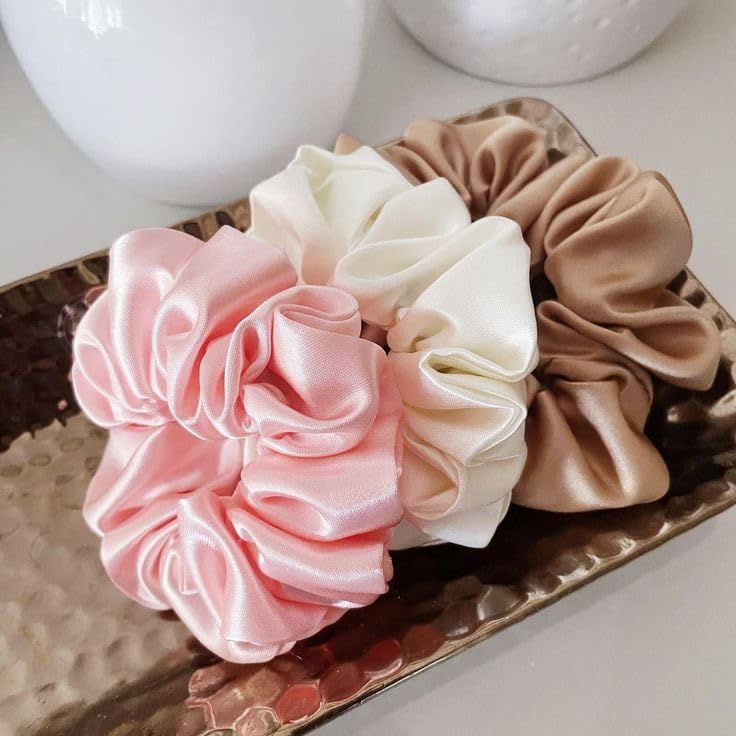 Premium 100% Silk Satin Scrunchies for Women - 3 Pack Hair Ties Set | Soft Ponytail Holders & Volumizer | Elegant Hair Accessories for Girls, Moms & Sisters | Perfect for Work, Parties & Everyday Use