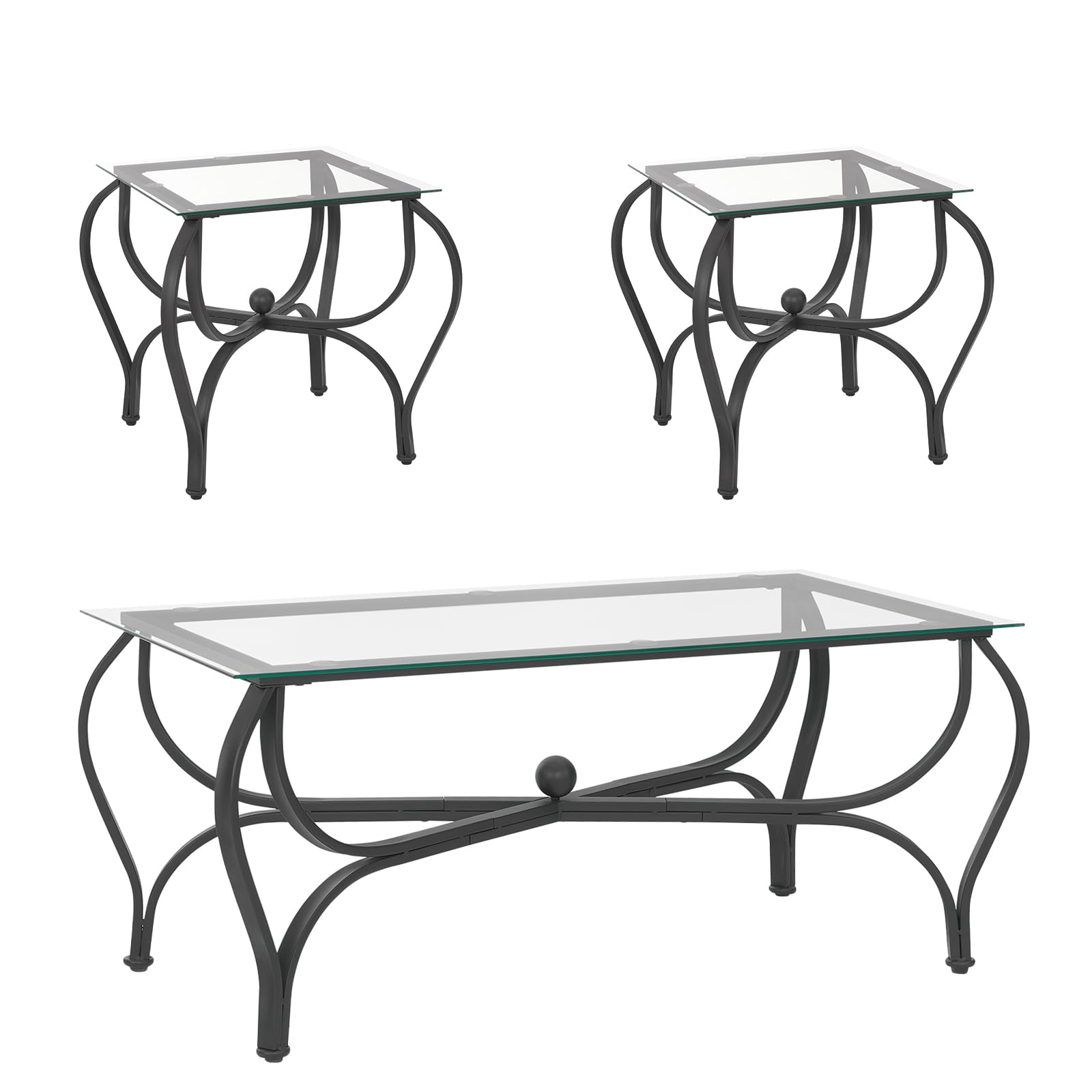 3-Piece Tempered Glass Coffee Table Set - Rectangle Coffee Table with 2 Square End Tables, Modern Metal Frame Living Room Furniture for Apartment, Home Office (Black) | Perfect for Small Spaces, Entertaining Guests & Stylish Home Decor