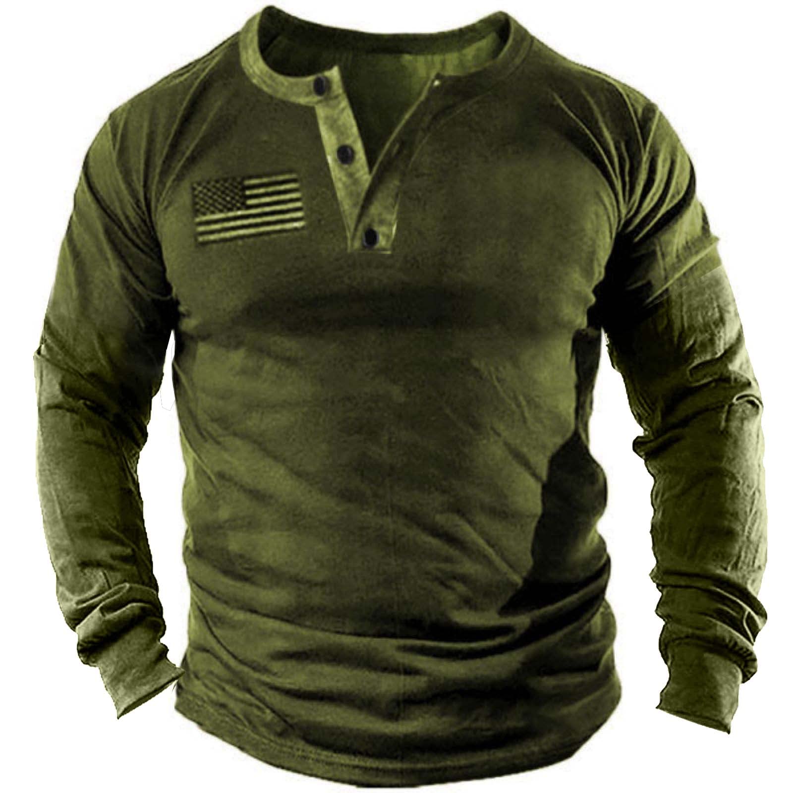 **Men's Casual Short Sleeve Henley T-Shirt - Patriotic Military Style Button-Up Shirt for Outdoor, Tactical & Everyday Wear**