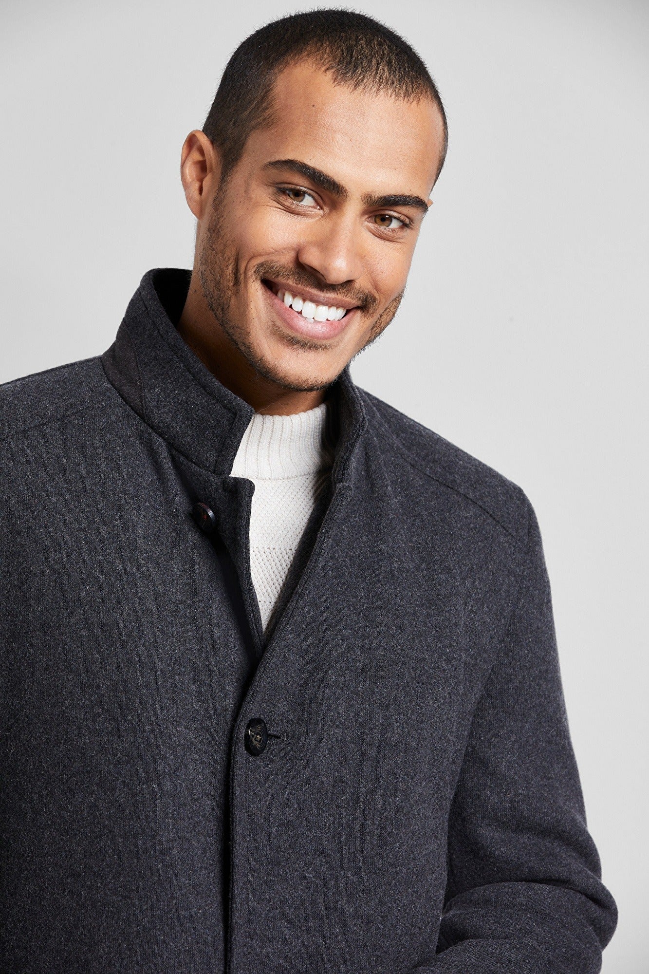 Bugatti Men's Premium Wool Overcoat with Band Collar - Charcoal Gray | Winter Business Formal Coat for Office & Special Occasions